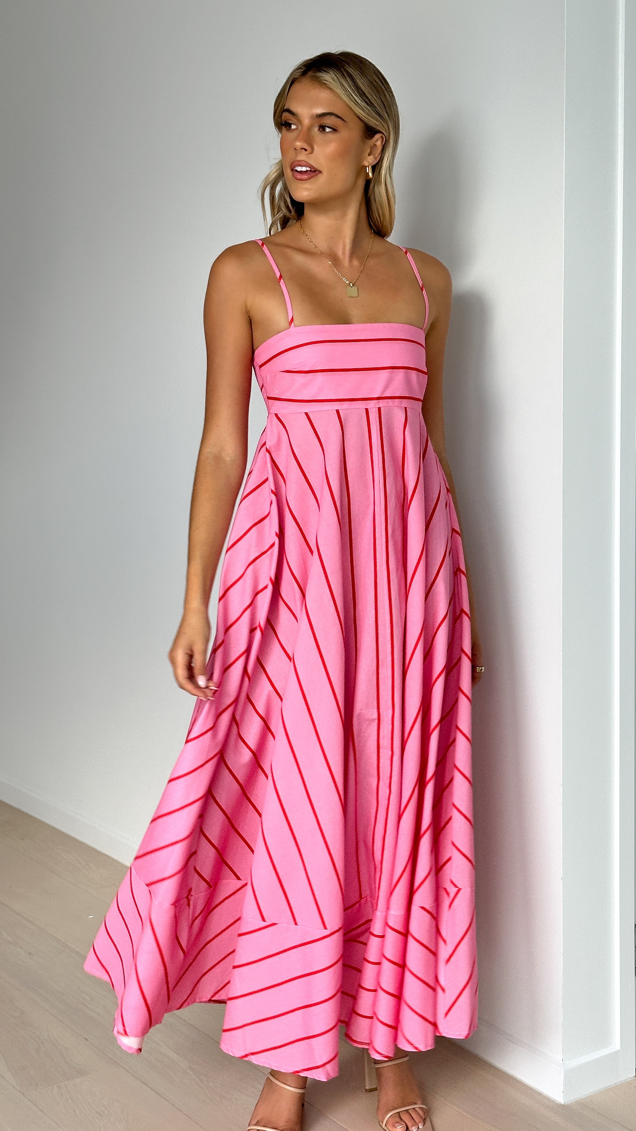 Kaethe Maxi Dress - Flowy Pink & Red Striped Summer Dress for Women, Beach Wedding & Vacation Outfit