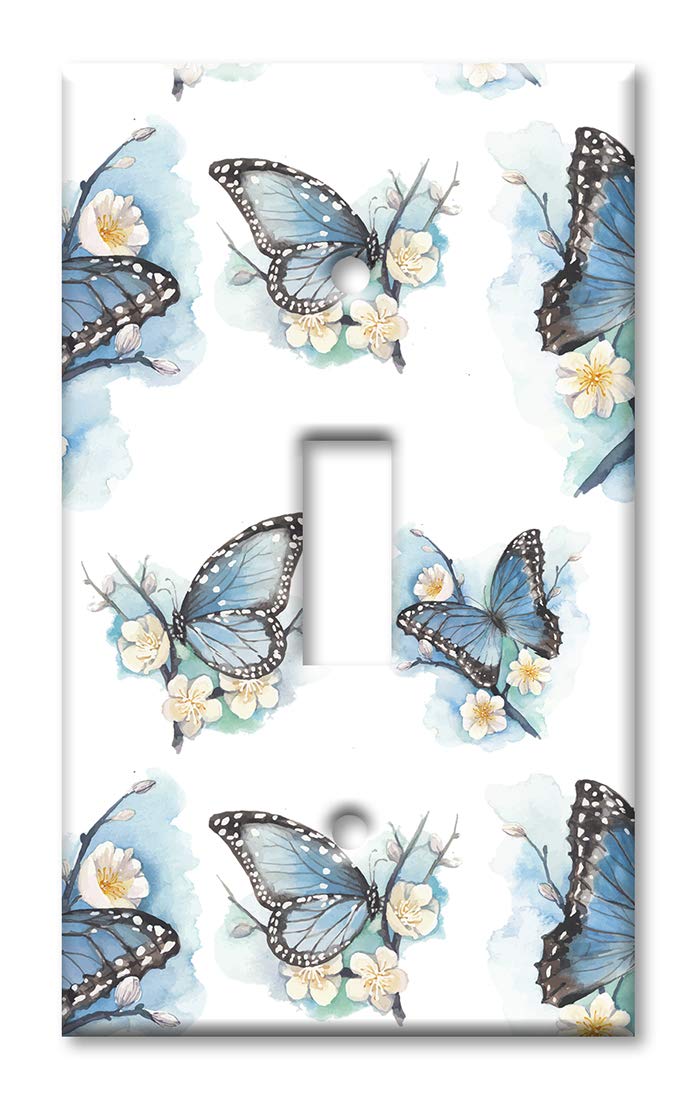 Decorative Metal Wall Plate - 1 Gang Toggle Switch Cover with Blue Butterflies on White Flowers Design | Handcrafted in USA | Perfect for Home Decor, Bedroom, Living Room & Office