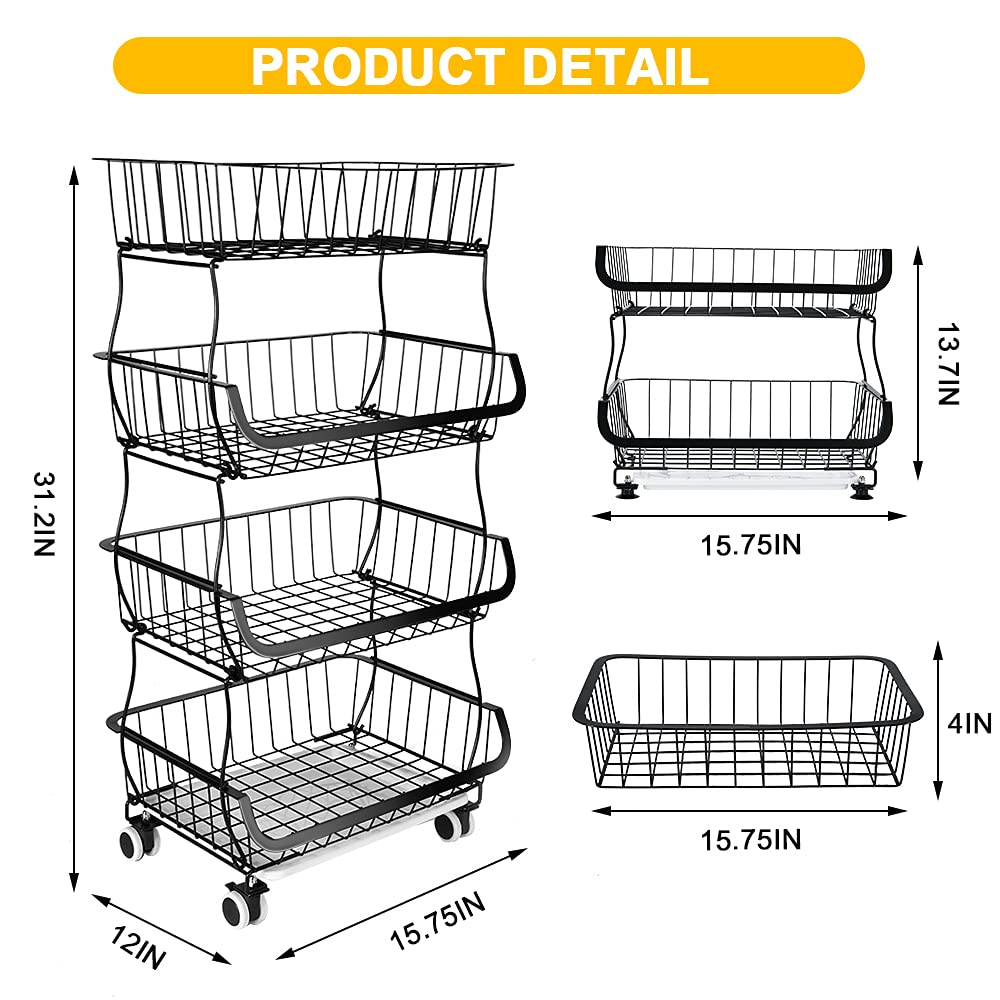 4-Tier Stackable Metal Wire Storage Basket with Wheels - Organizer for Fruits, Vegetables, Kitchen, Pantry & Bathroom - Perfect for Grocery Storage, Home Organization & Small Space Saving
