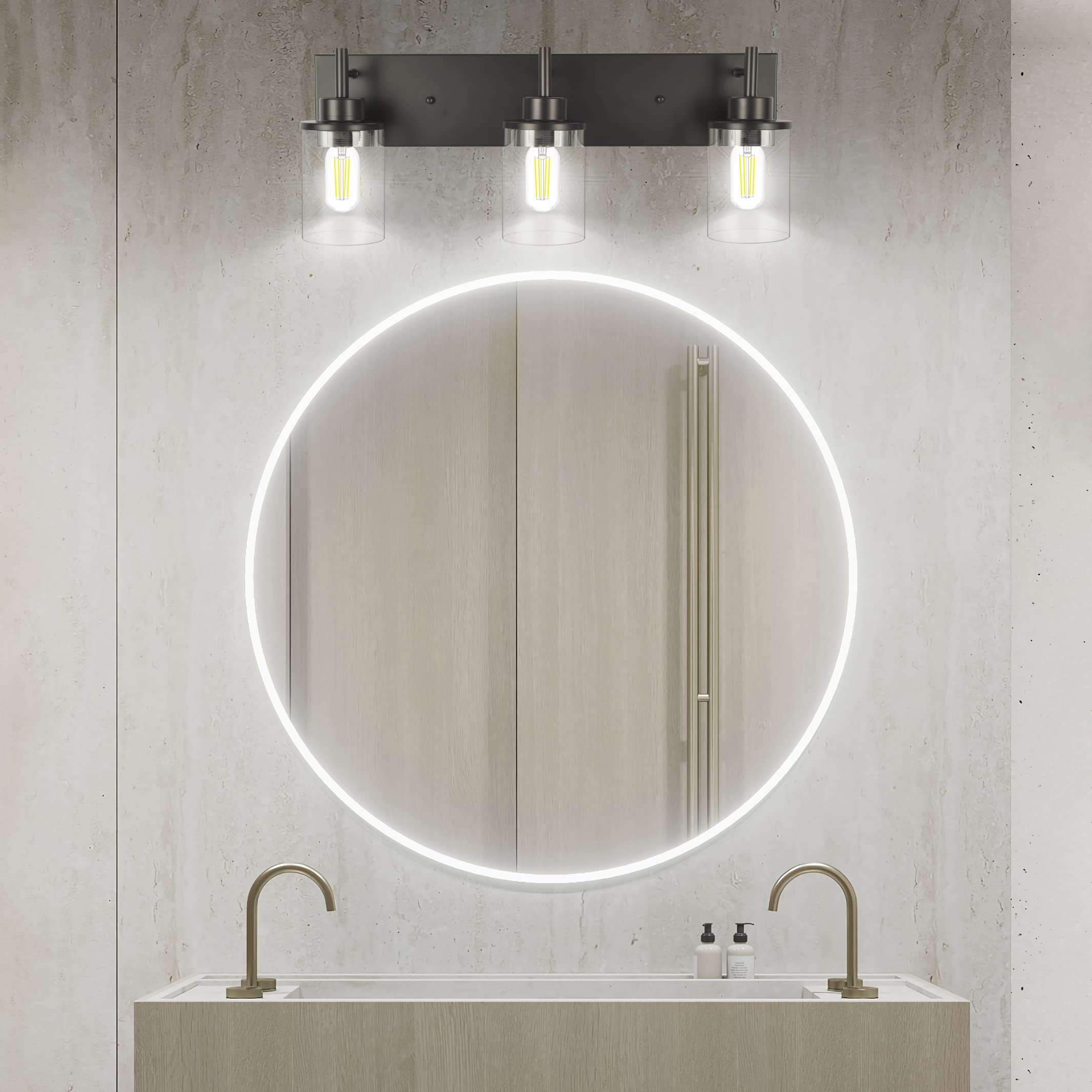 3-Light Vanity Light Fixtures - Matte Black Modern Bathroom Sconce with Clear Glass Shade for Mirror Lighting | Perfect for Bathroom, Powder Room & Dressing Room Makeup Area