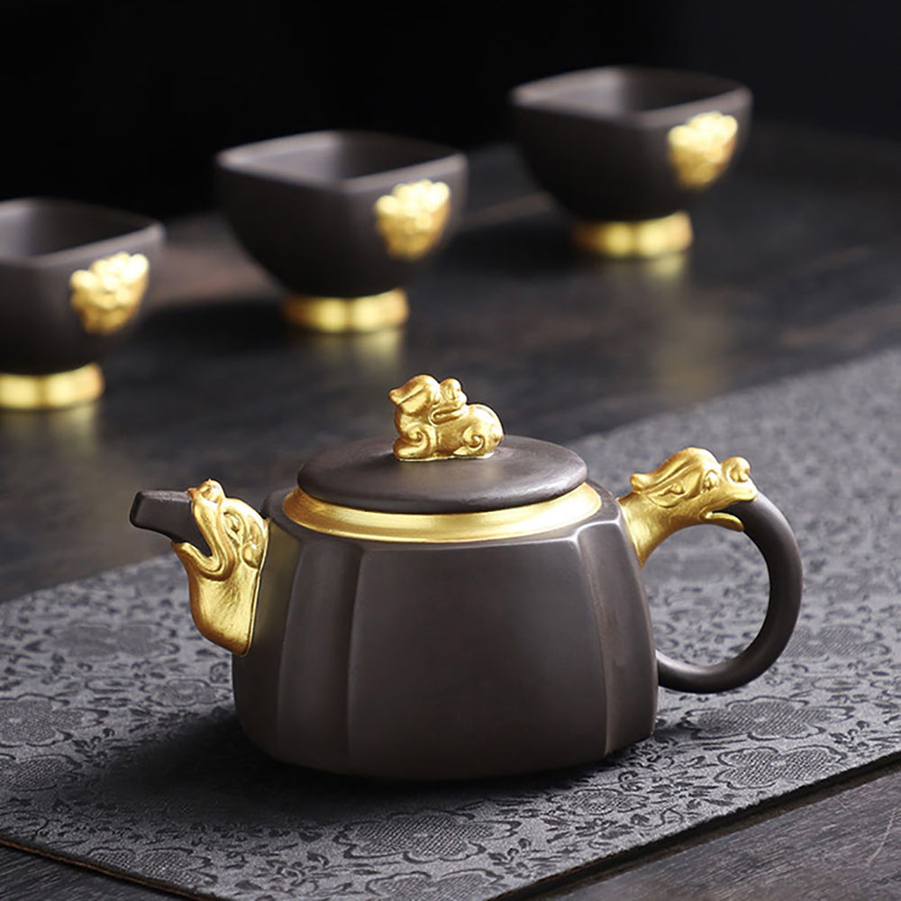 Premium Purple Clay Black Gold Dragon Tea Set - Authentic Chinese Gongfu Tea Ceremony Set for Home & Office Use