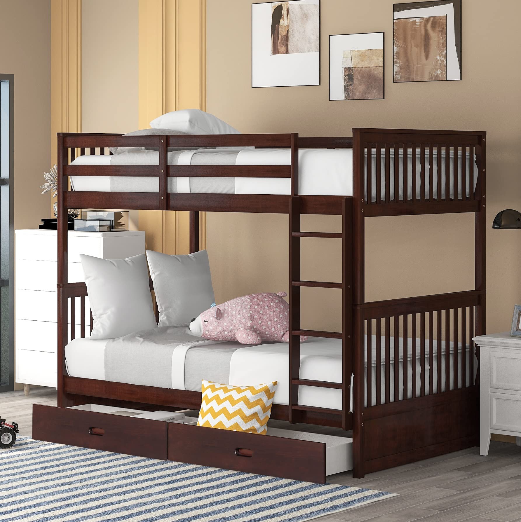 Merax Twin Over Twin Bunk Bed Frame with 2 Storage Drawers & Safety Guard Rails - No Box Spring Required - Espresso Finish - Perfect for Kids' Bedrooms, Dorm Rooms & Space-Saving Home Furniture