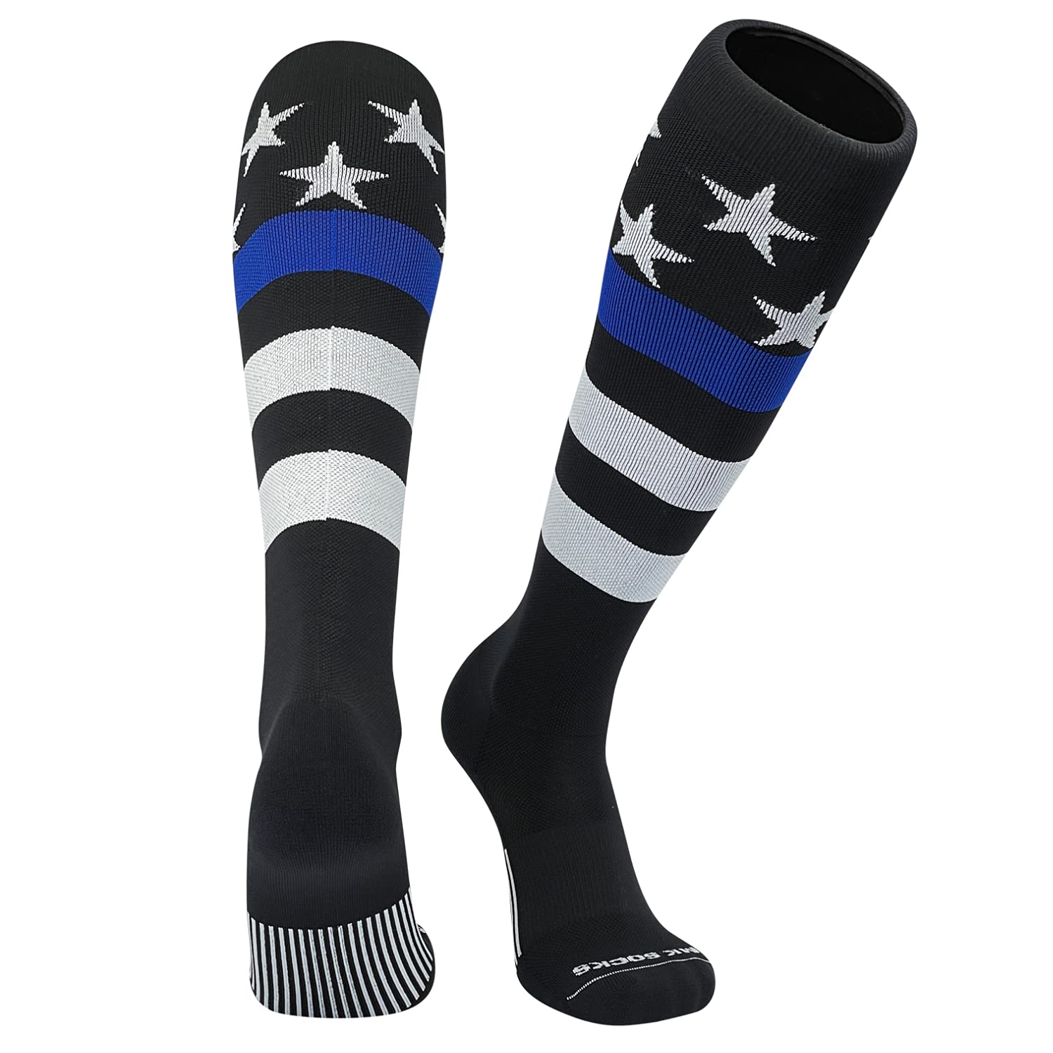 American Flag Thin Blue Line Police Knee High Socks - Patriotic Stars & Stripes Design for Sports, Running & Work - Support Law Enforcement Officers