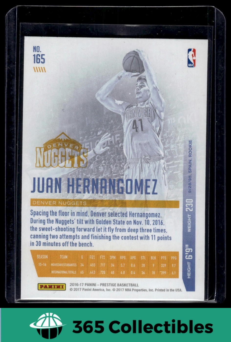 2016-17 Panini Prestige Juan Hernangomez #165 Basketball Card - Denver Nuggets Rookie Collectible for NBA Fans & Sports Memorabilia Enthusiasts