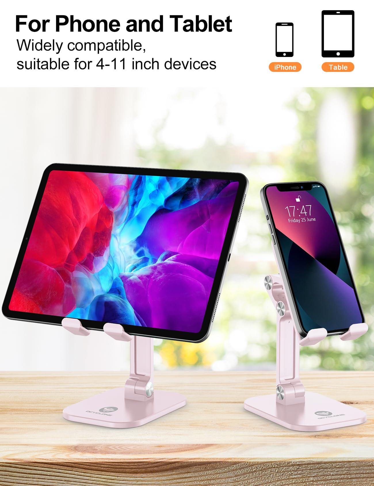 OCYCLONE Adjustable Height & Angle Phone Stand - Foldable Desk Holder for iPhone, iPad, Tablets (4-11 Inch) | Perfect for Home Office, Bedside, Kitchen & Travel - Pink