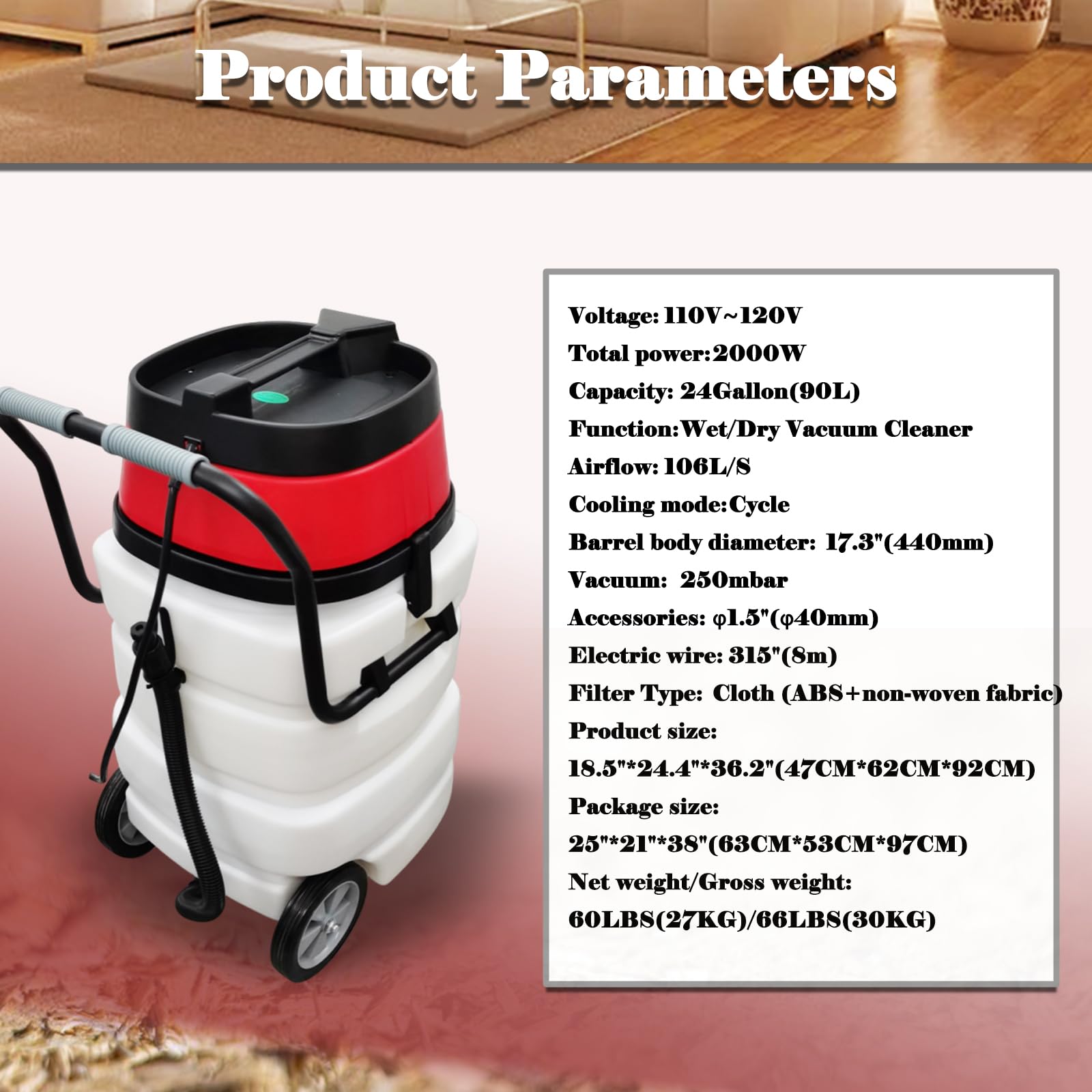 Commercial Wet/Dry Vacuum Cleaner - 2000W 90L (24 Gallon) Dust Extractor with 2 Motors & Auto Dust Shaking - 110V Heavy Duty Water Vacuum for Industrial Cleaning, Construction Sites, and Workshop Dust Collection