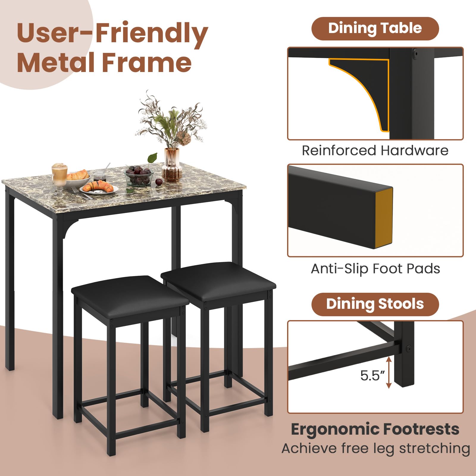 Giantex 3-Piece Dining Table Set with Faux Marble Tabletop & 2 Chairs - Modern Kitchen Table for Small Spaces, Breakfast Nook, Apartment, Restaurant, or Cafe (Beige & Black) - Perfect for Home, Office, and Commercial Use