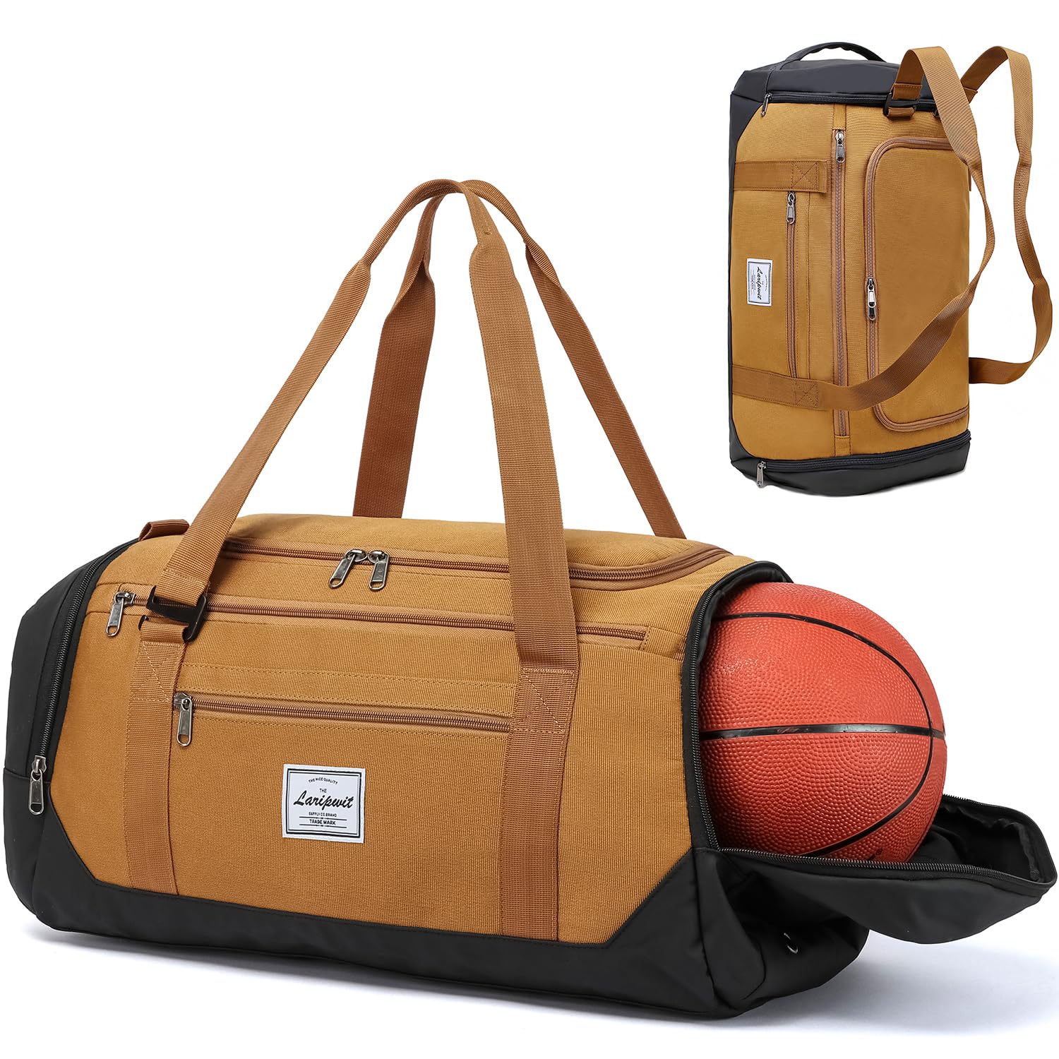 Laripwit 40L Gym Backpack for Men & Women - Sports Duffle Bag with Shoe Compartment & Wet Pocket - Ideal for Basketball, Travel, Weekender & Overnight Trips - Perfect for Gym, Workout, Sports & Travel Essentials (Brown)