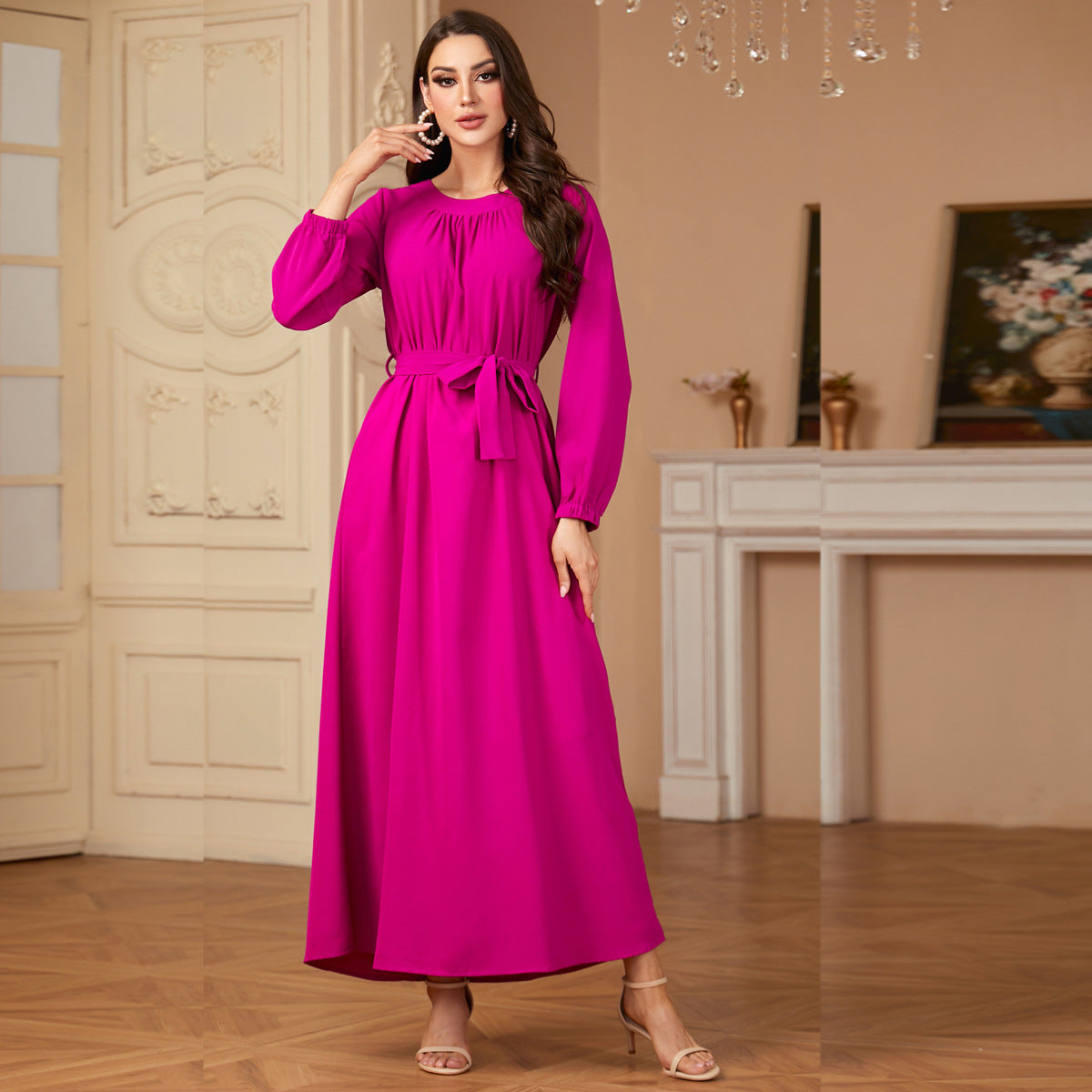Slim Fit Solid Color Long Dress with Belt - Elegant Women's Formal & Casual Wear for Office, Party, and Evening Events