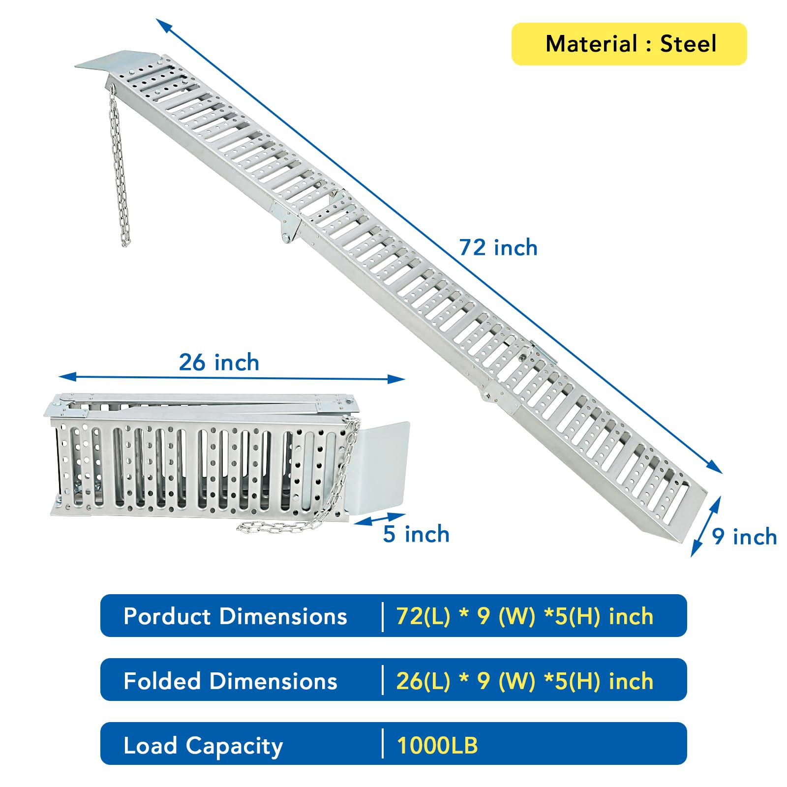 GARVEE 1500Lbs Capacity 2-Piece Tri-Fold Loading Ramps - Heavy Duty Steel Folding Trailer Ramps for ATV, UTV, Motorcycle, Lawn Mower, Tractor & Pickup Truck - Silver | Perfect for Garage, Warehouse & Off-Road Vehicle Loading