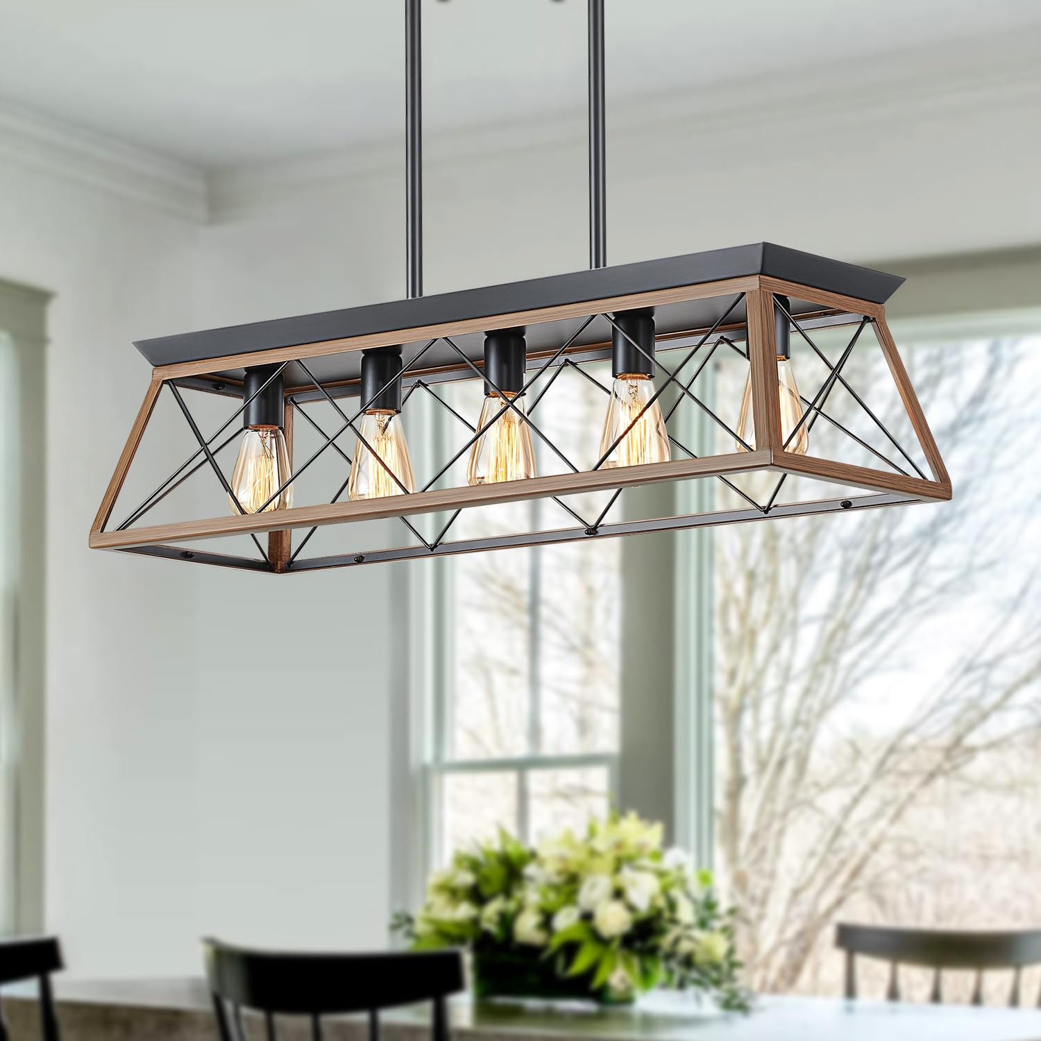 Farmhouse Kitchen Island Lighting - 5-Light Rustic Rectangular Chandelier (31.5 Inch) - Walnut Finish Dining Room Pendant Light for Kitchen, Breakfast Nook, Pool Table & Game Room Lighting