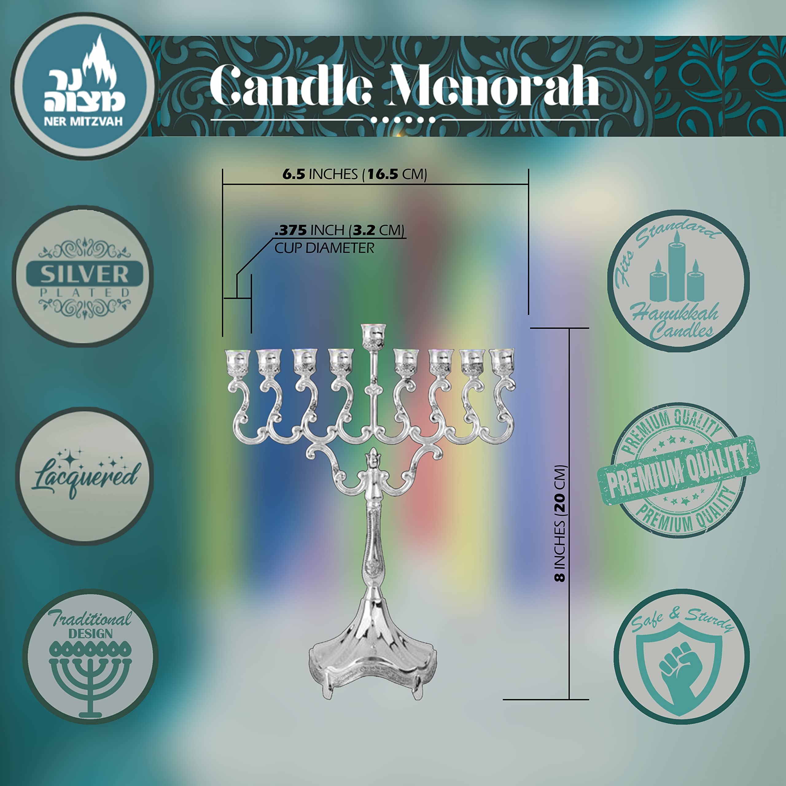 Silver Plated Hanukkah Menorah for Standard Candles - 8.5