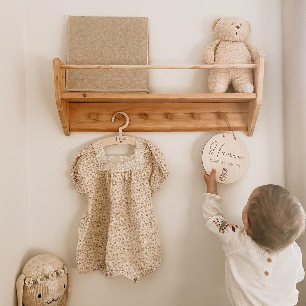 Wooden Wall Mounted Bookshelf for Kids - Nursery Decor with Hooks, Montessori Bookshelf for Toddlers, Baby Shower Gift (Large) - Perfect for Nursery, Playroom, and Kids Bedroom Organization