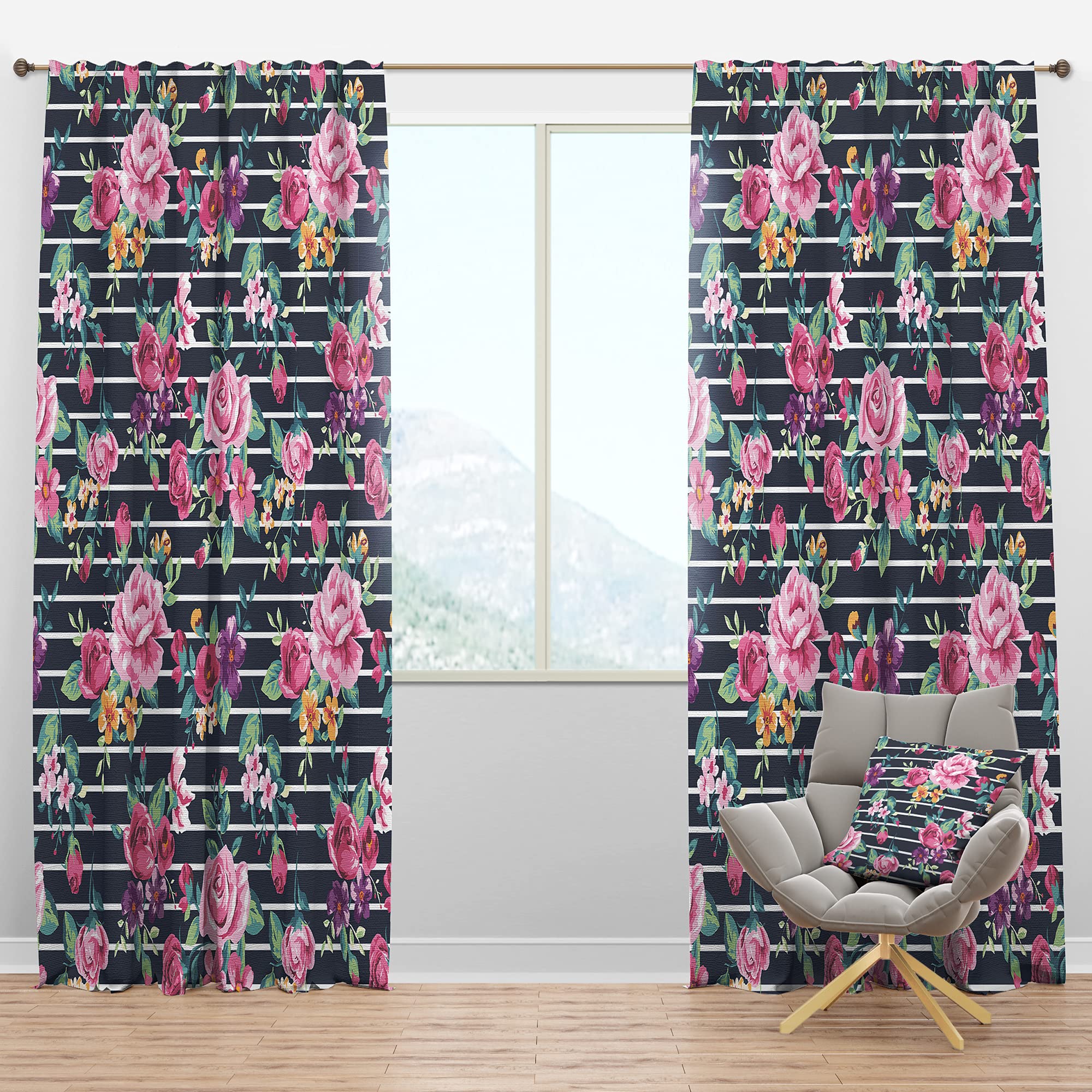 DesignQ Blackout Curtains - Pink & Purple Floral Striped Thermal Insulated Drapes for Bedroom & Living Room (52x95, Single Panel) | Perfect for Light Blocking, Privacy & Energy Savings