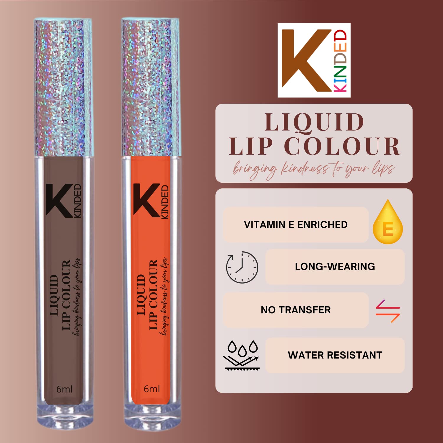 KINDED Liquid Lipstick Set - Vitamin E Enriched, Waterproof, Long-Lasting Matte Lip Color (2 Pack, 6ml Each) - Choco Brown & Sangria Orange Shades - Perfect for Daily Wear, Parties & Special Occasions