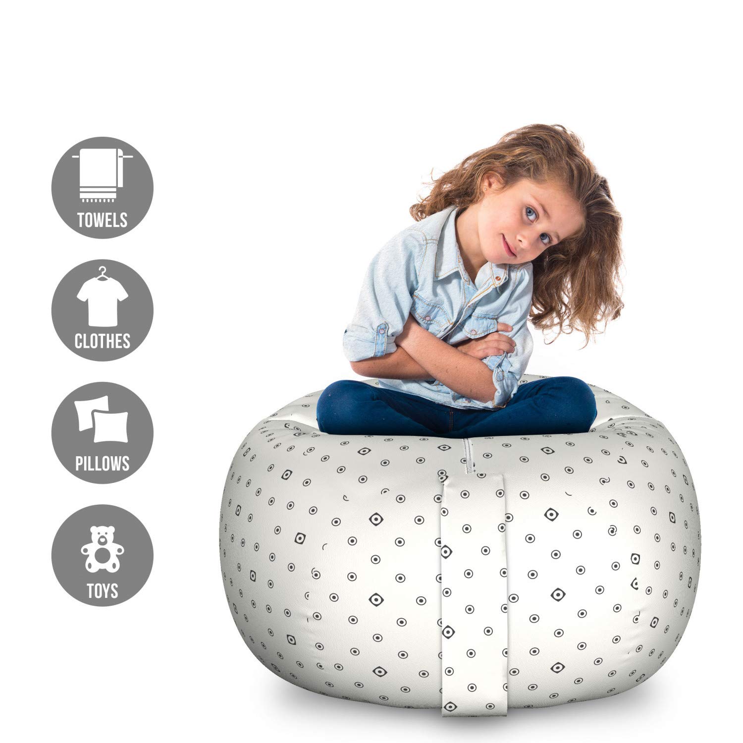 Ambesonne Geometric Storage Toy Bag Chair - Modern Hexagon & Circle Design, Large Washable Stuffed Animal Organizer - Black & White Abstract Art - Perfect for Kids' Room, Nursery & Playroom Organization
