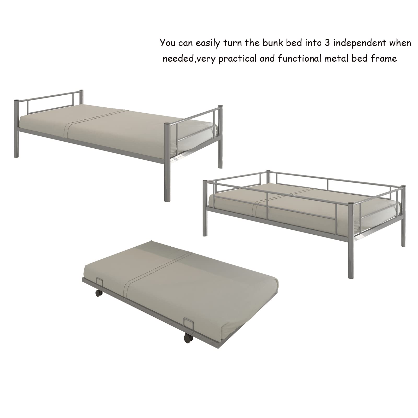 Modern Metal Twin Over Twin Bunk Bed with Trundle - Heavy Duty Bunkbed Frame with Slats for Adults, Teens, Boys & Girls - Space Saving Bedroom Solution for Small Rooms, Dorms & Guest Rooms (Silver)