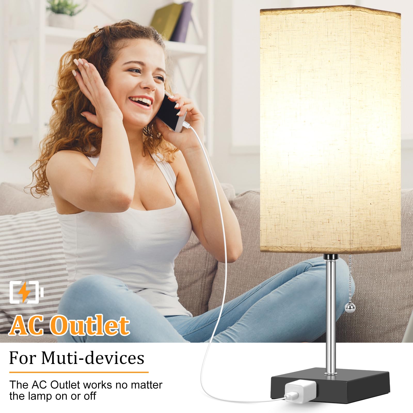 2-Pack 3-Color Adjustable Table Lamps with Pull Chain & AC Outlets - 18