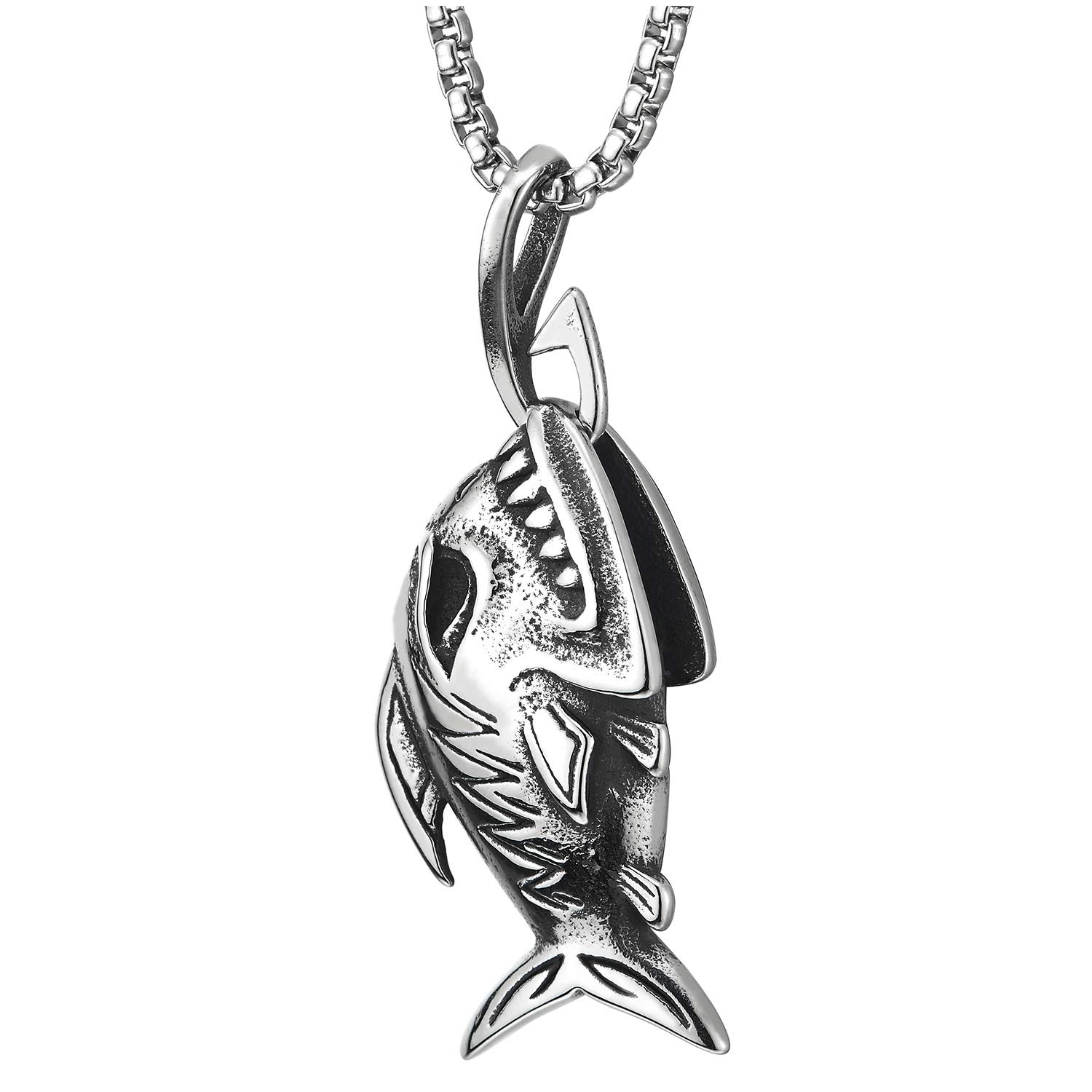 CoolSteelandBeyond Shark Teeth Fish Skeleton Bone Pendant Necklace - 30 Inch Gothic Steel Chain with Wheat Link Design for Men & Women - Perfect for Punk, Gothic, Rock Fashion & Halloween Costume Accessories