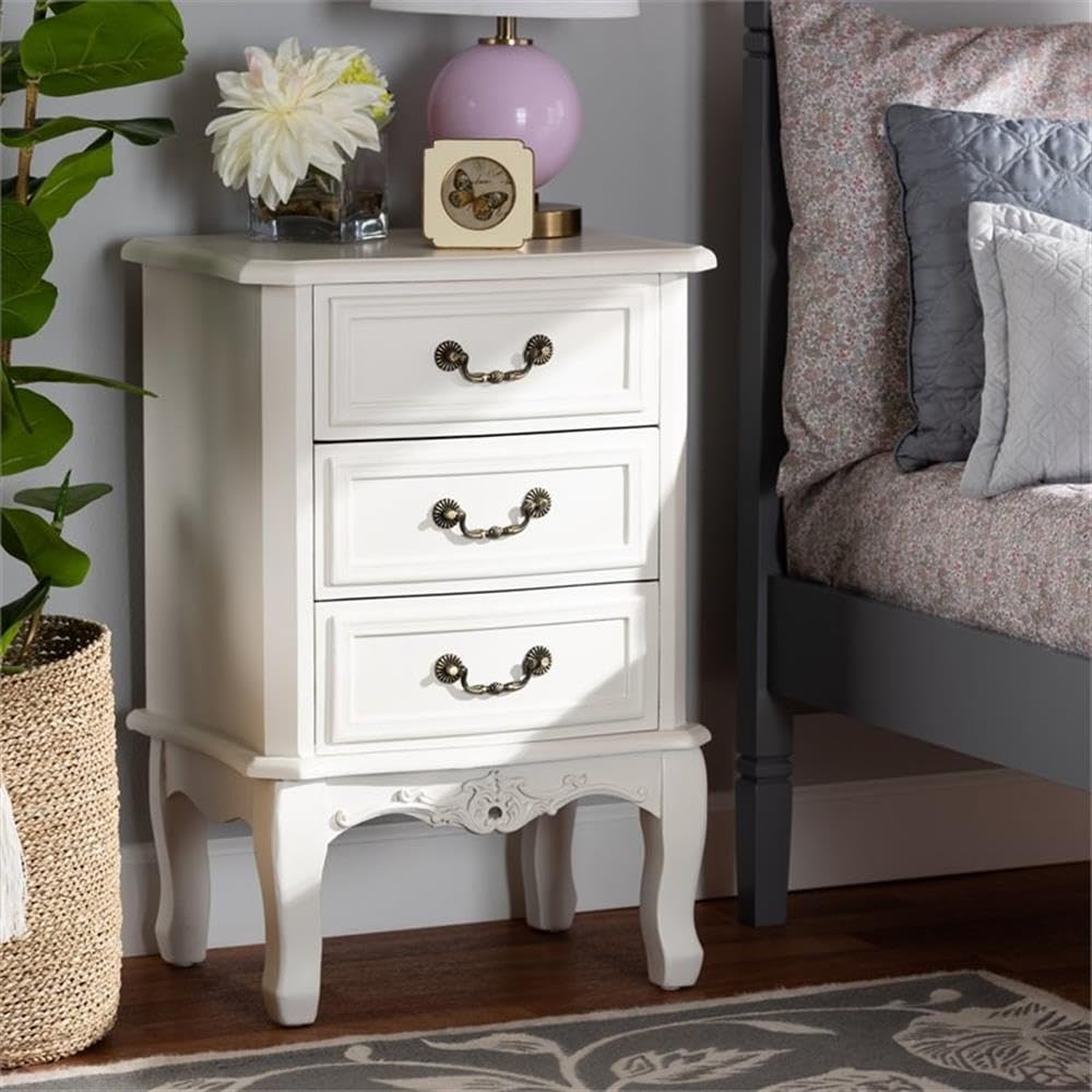 BOWERY HILL White 3-Drawer Wood Nightstand - Bedside Table with Storage for Bedroom, Living Room & Guest Room - Modern Home Furniture for Small Spaces