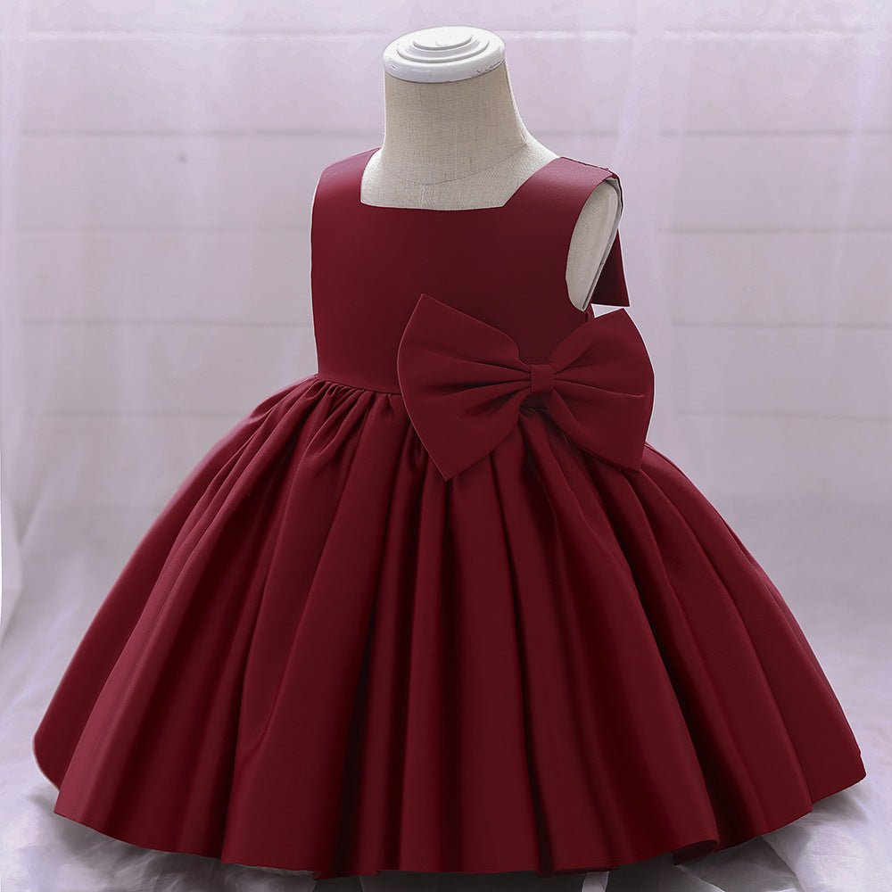 Elegant A-Line Tea Length Satin Flower Girl Dress with Bow & Ruffles - Perfect for Weddings, Parties & Special Occasions