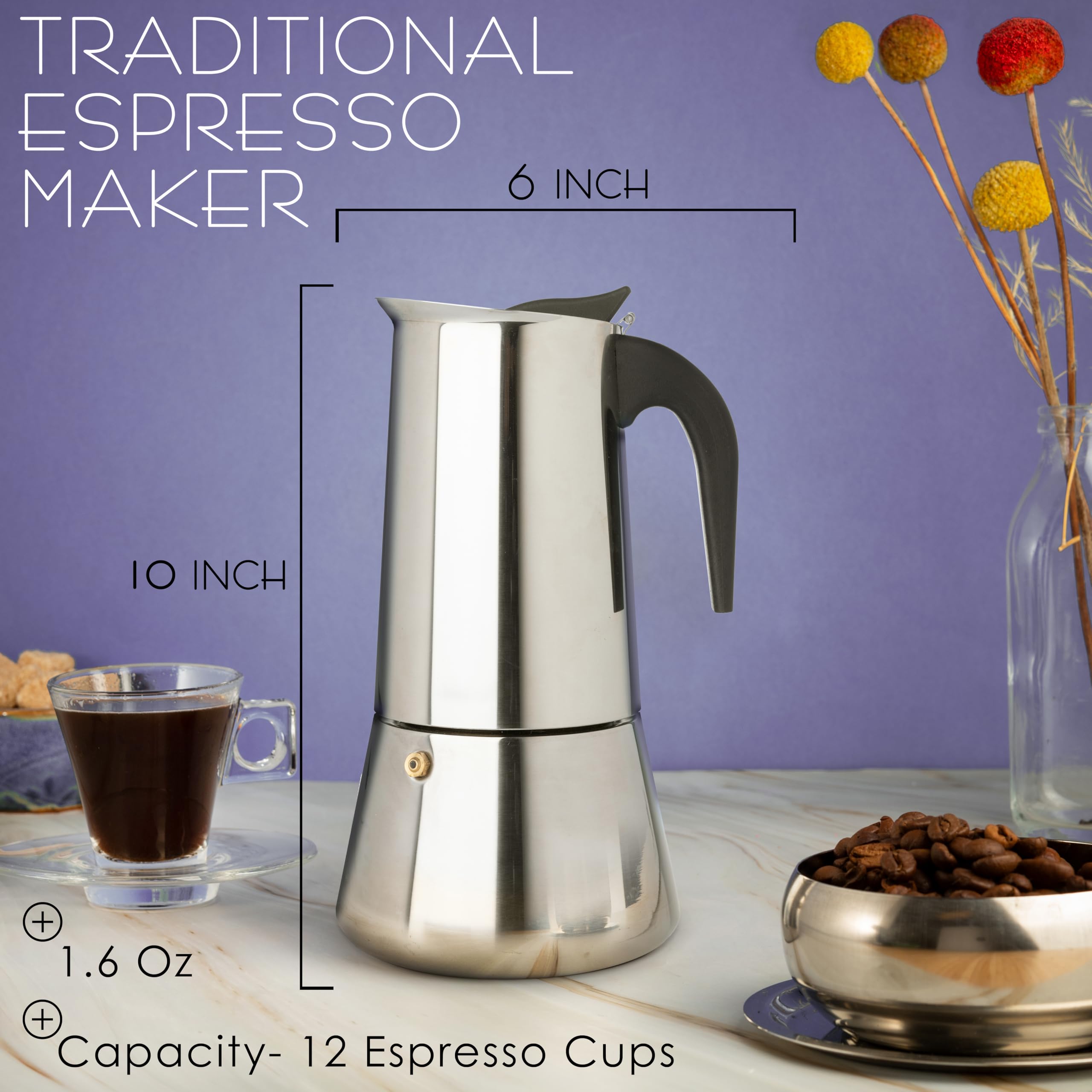 Mixpresso 12 Cup Stovetop Espresso Maker 600ml/20oz - Stainless Steel Moka Pot with Percolator Design - Italian Coffee Maker for Camping, Home & Office Use - Perfect for Espresso, Latte & Cappuccino Brewing
