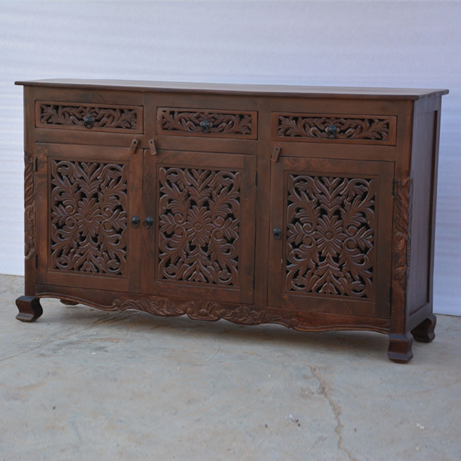 Solid Wood Carved Jali Door Sideboard - Handcrafted Brown Cabinet for Living Room & Dining Room Storage | Traditional Indian Furniture for Home Decor