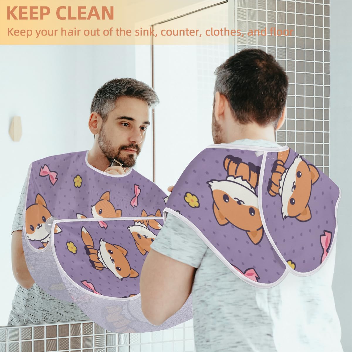 Fox Beard Bib for Men - Non-Stick Shaving Apron with Suction Cups, Cute Animal Design Grooming Cape - Perfect Gift for Husband & Dad (Beard Care, Barber Accessories, Birthday Present)