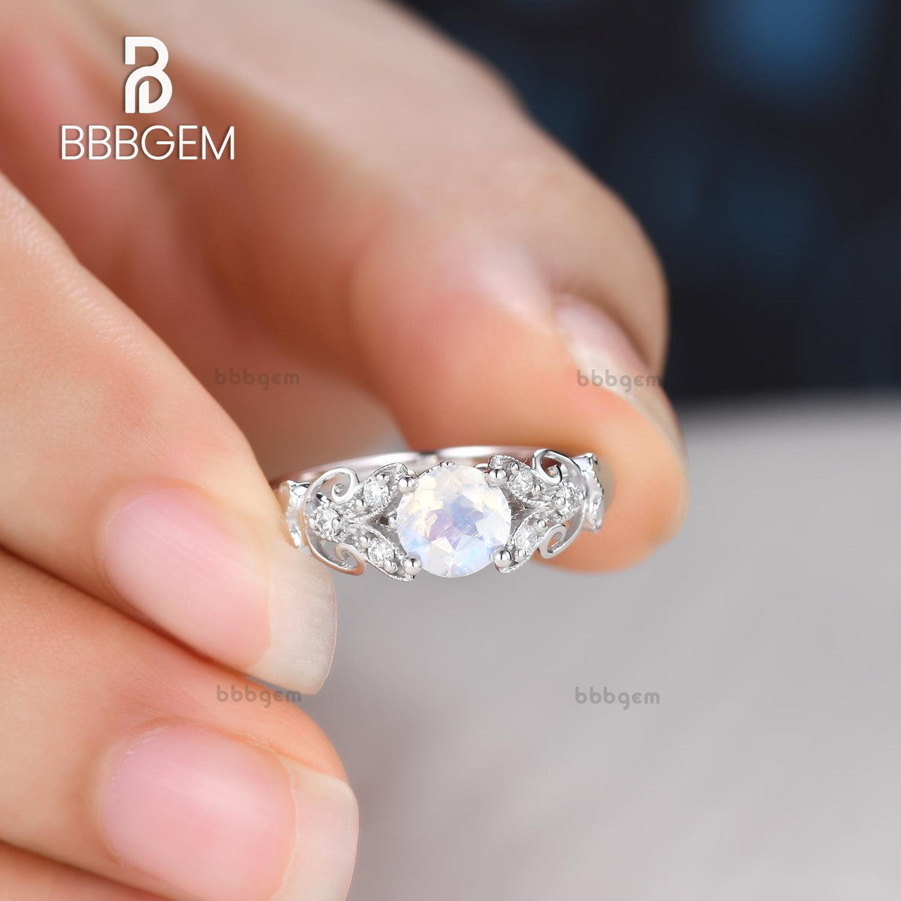 Moonstone Engagement Ring for Women - 14K White Gold Floral Eternity Band with Diamonds | Wedding, Anniversary, Promise Ring Gift Idea | Perfect for Proposals, Bridal Jewelry & Special Occasions