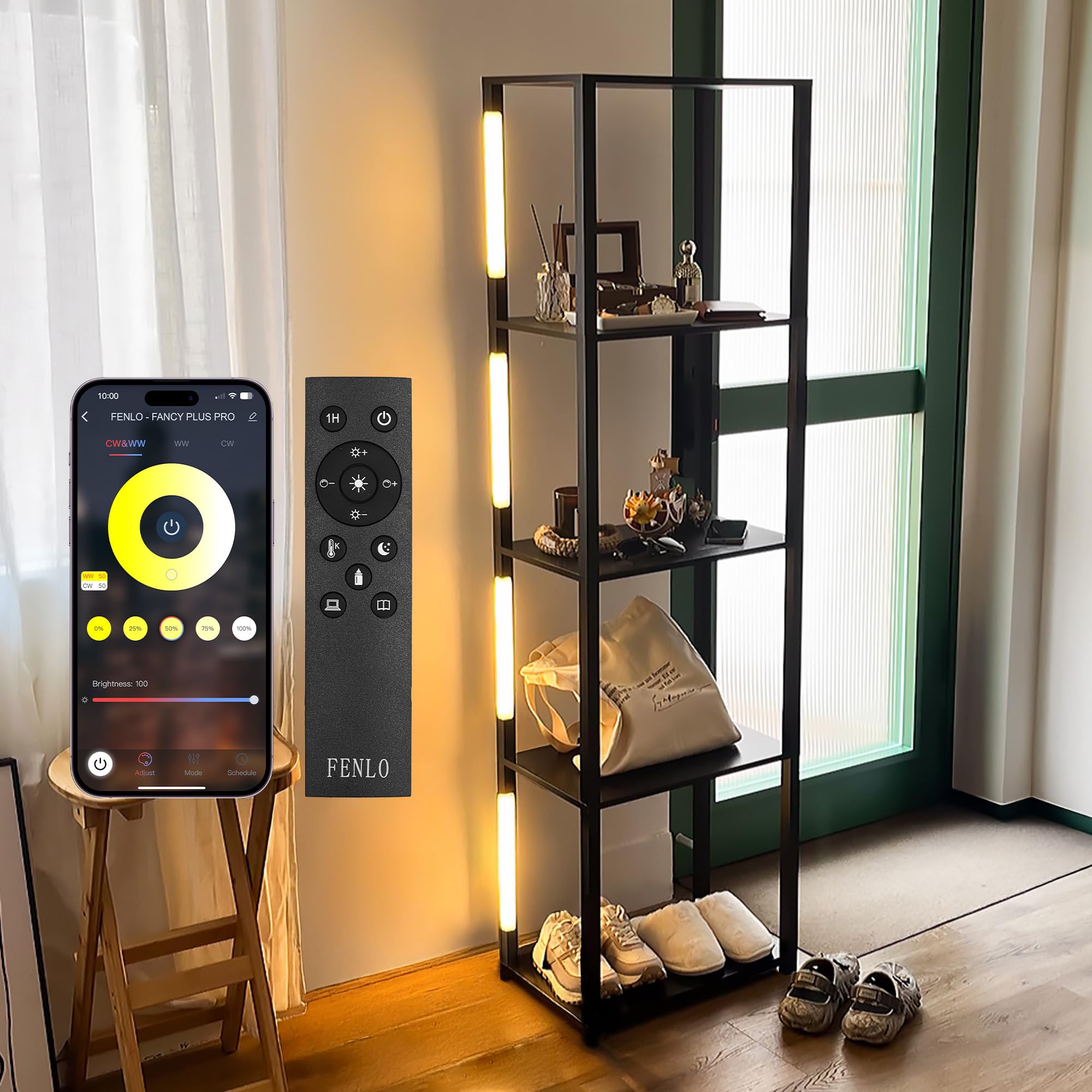 FENLO Fancy Plus Pro LED Display Shelf with Dimmable Lights - Adjustable Color Temperature Corner Shelf & Floor Lamp for Living Room, Bedroom, Office - Sturdy Curio Cabinet with Shelves for Home Decor, Collectibles & Display