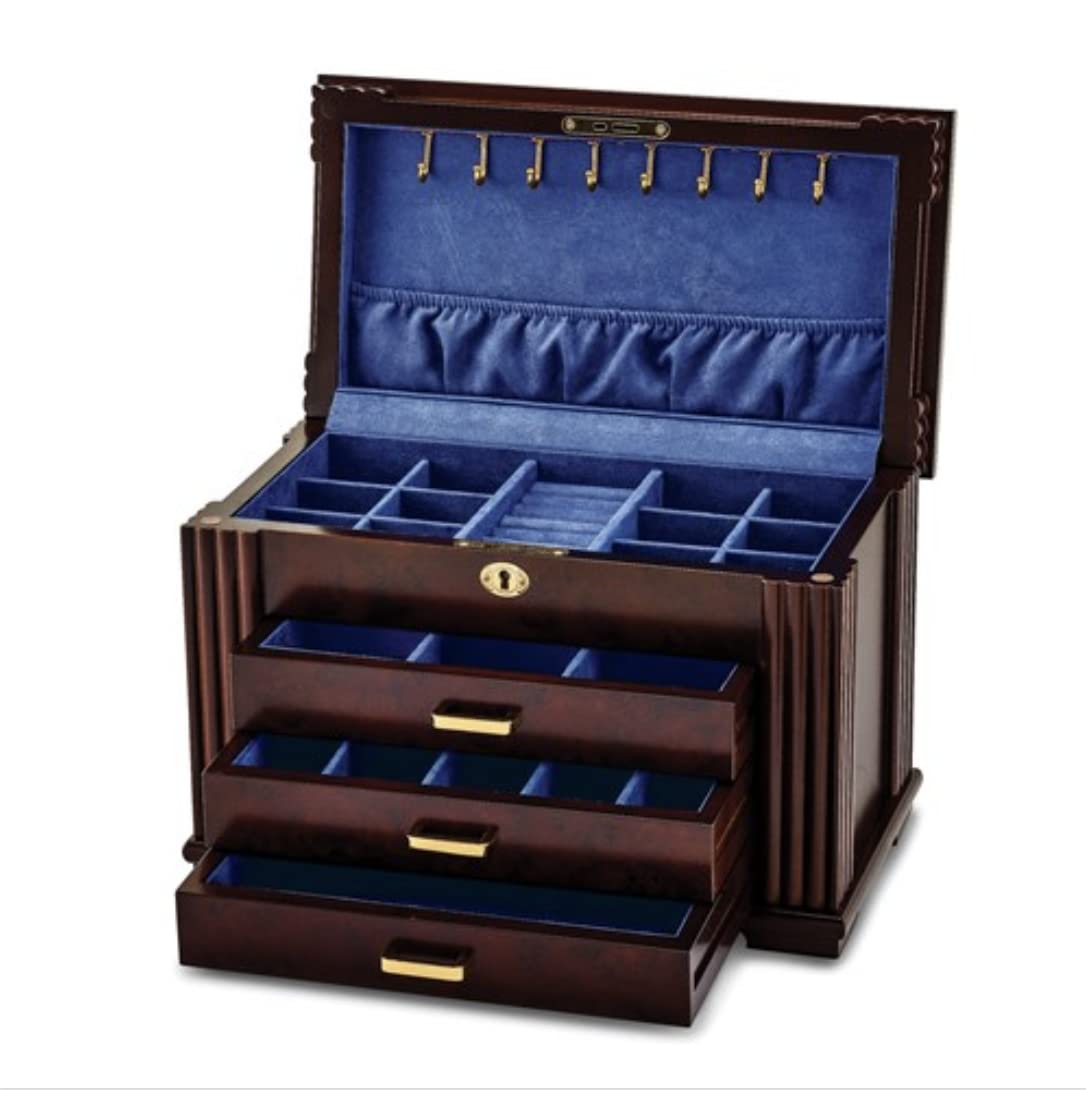 Matte Rosewood Burlwood Finish Locking Jewelry Box - Secure Storage for Rings, Necklaces & Valuables - Perfect for Home, Travel & Gift Giving