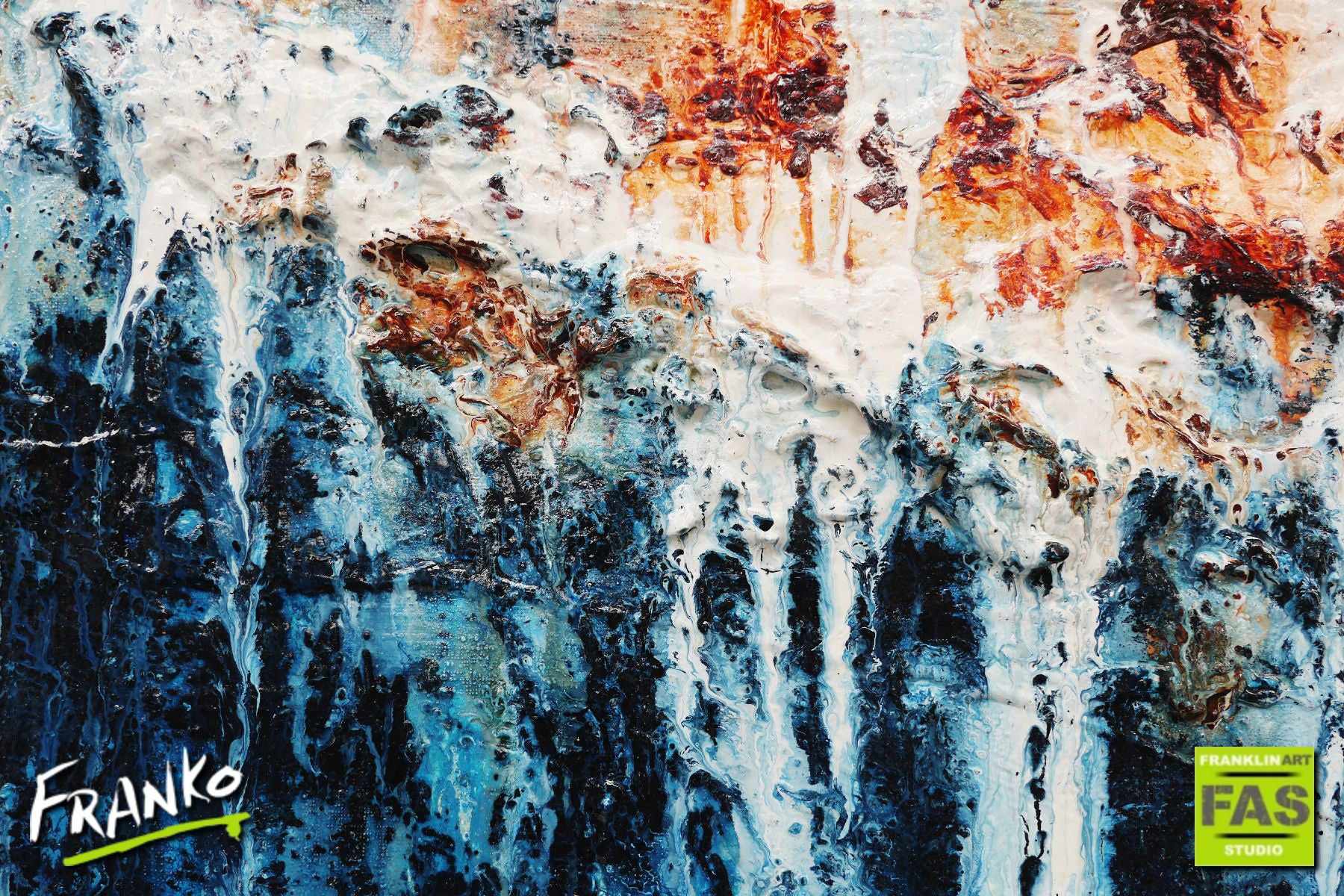 Navy & Jade 75cm x 100cm Abstract Canvas Painting - Blue White Brown Modern Artwork for Living Room, Bedroom & Office Decor