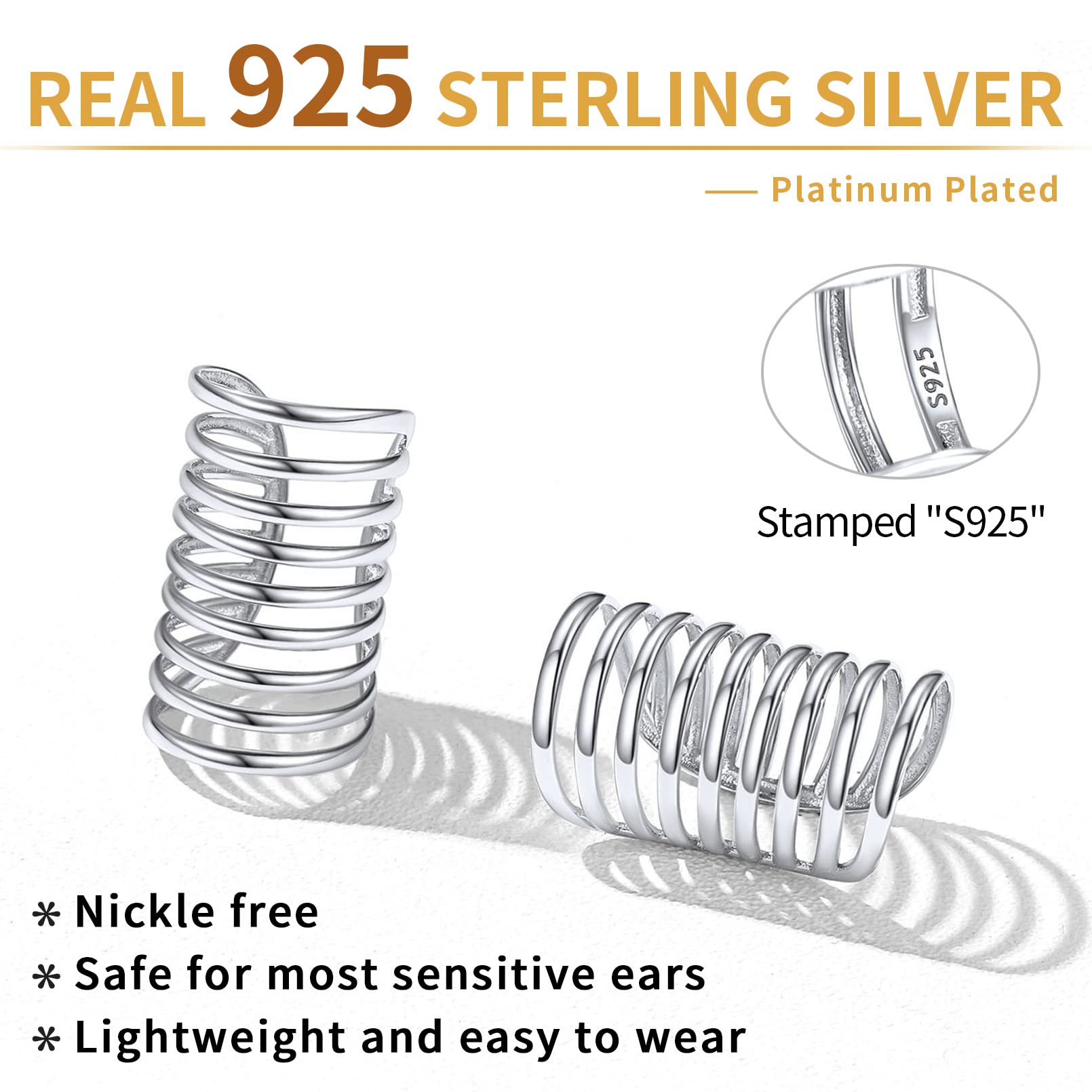 ChicSilver 925 Sterling Silver Non-Piercing Clip-On Cartilage Cuff Earrings for Women - Elegant Ear Cuff Jewelry with Gift Box - Perfect for Parties, Weddings & Everyday Wear