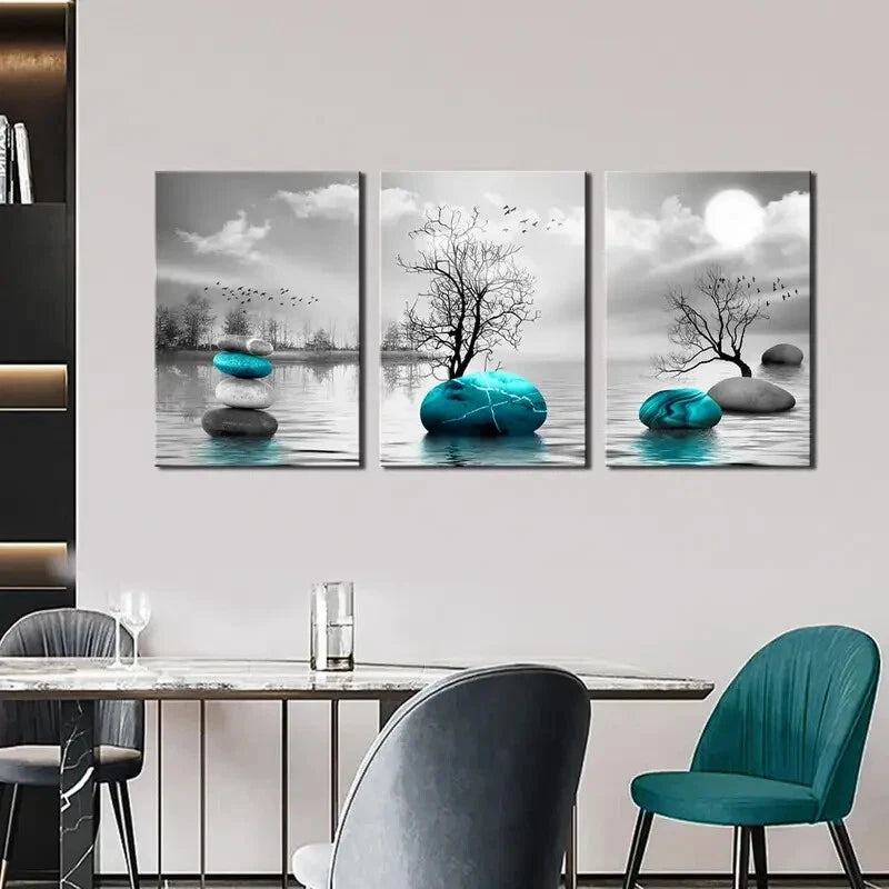 3pcs Red Tree of Life Teal Beach and Stones Metal Wall Art - Ready to Hang Nature Inspired Prints for Living Room, Bedroom & Office Decor
