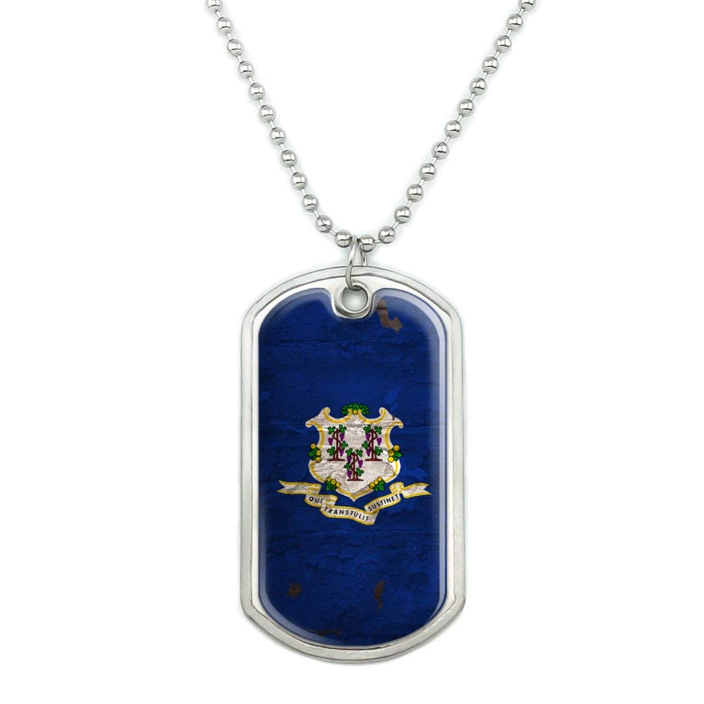 Vintage Rustic Connecticut State Flag Dog Tag Pendant Necklace - Distressed USA Military Style Jewelry with Chain - Perfect for Patriotic Gifts & Outdoor Adventures