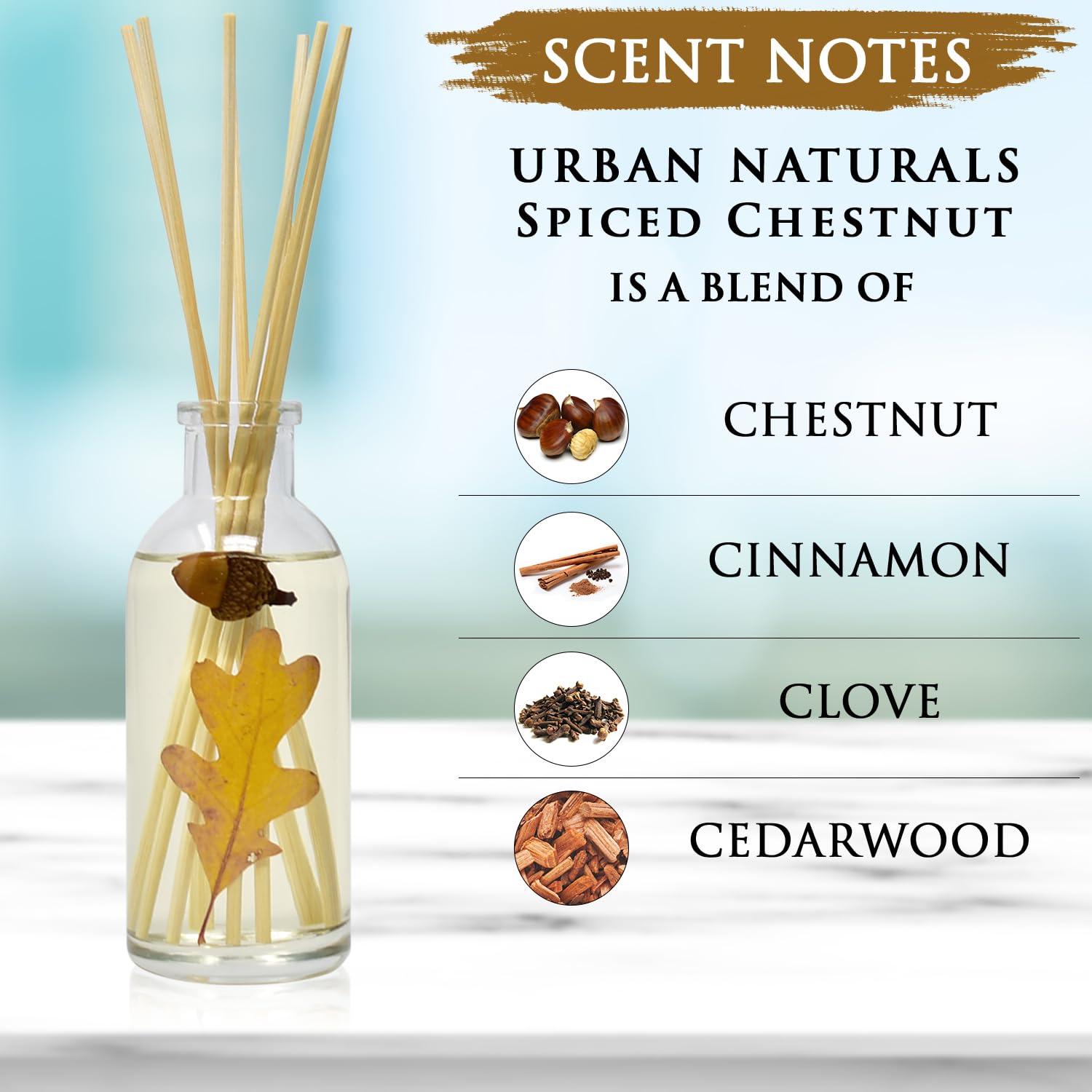 Urban Naturals Spiced Chestnut Reed Diffuser Set with Essential Oil - Autumn Scent of Chestnut, Cinnamon & Cedar - 3.75oz Home Fragrance - Made in USA | Perfect for Fall Decor, Cozy Living Room & Thanksgiving Gifts