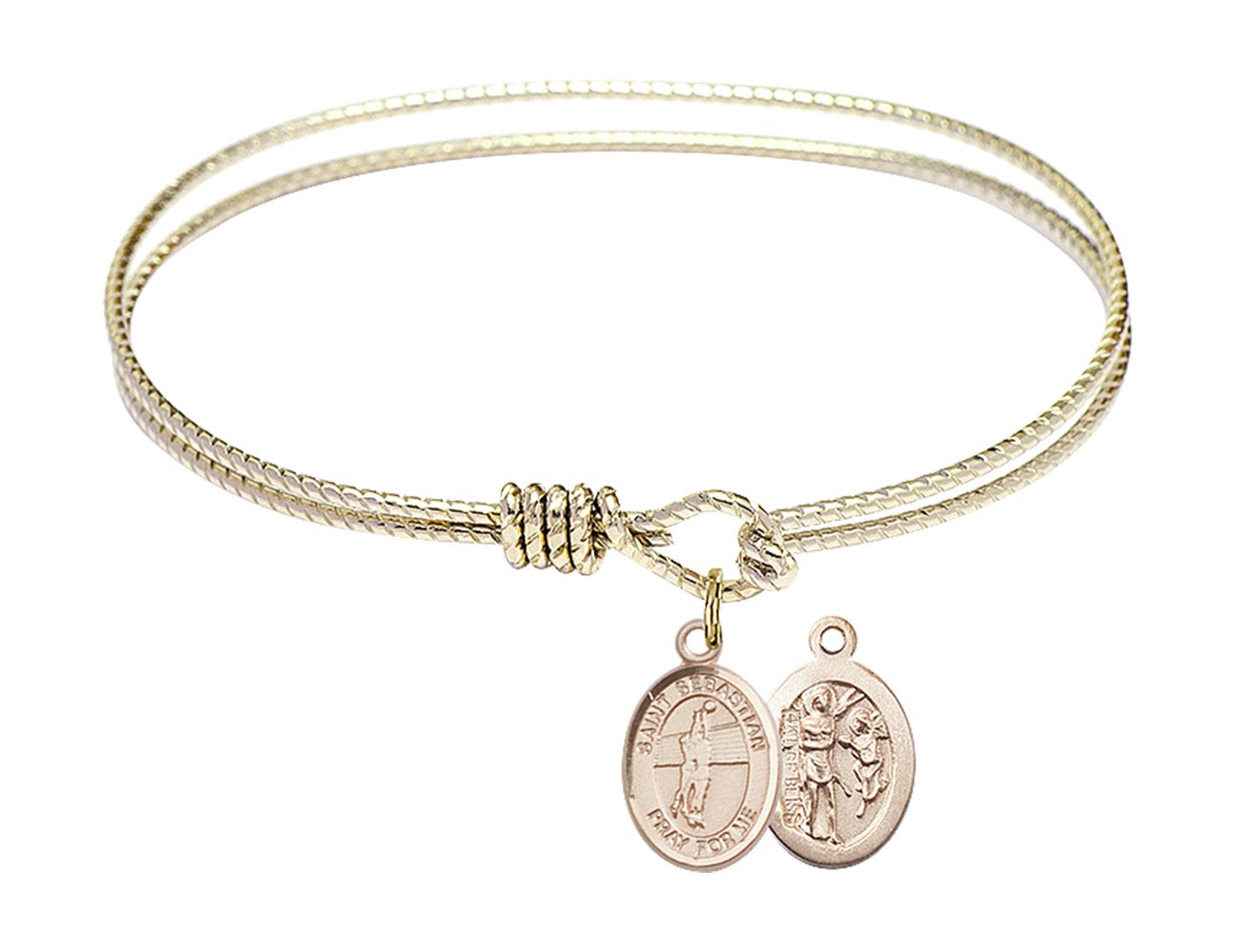 6 1/4 Inch Oval Eye Hook Bangle Bracelet with St. Sebastian Volleyball Charm - Elegant Jewelry for Sports Fans, Volleyball Players & Catholic Devotion Gifts