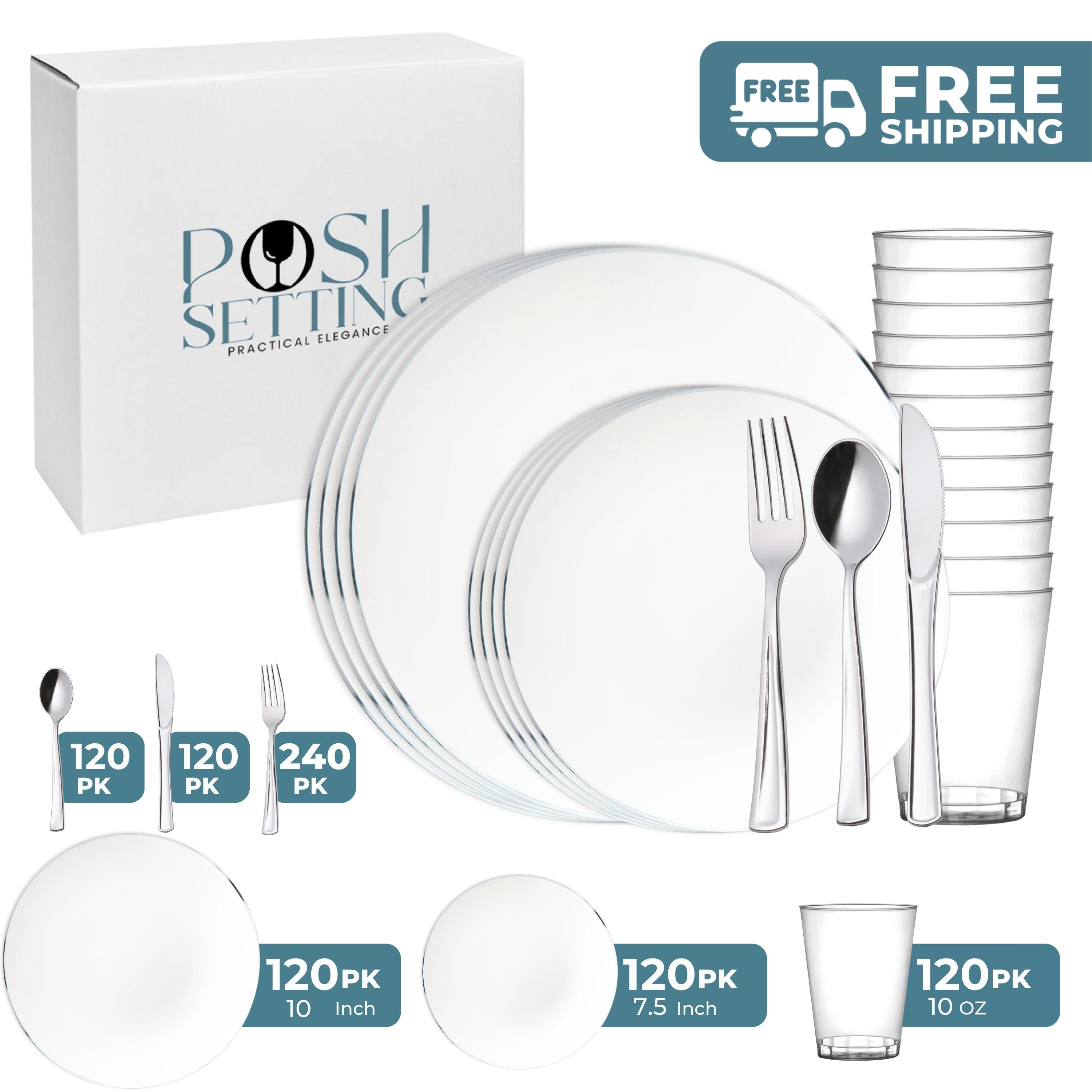 White and Silver Plastic Party Bundle - Eco-Friendly Disposable Tableware Set for Birthday, Wedding & Holiday Celebrations