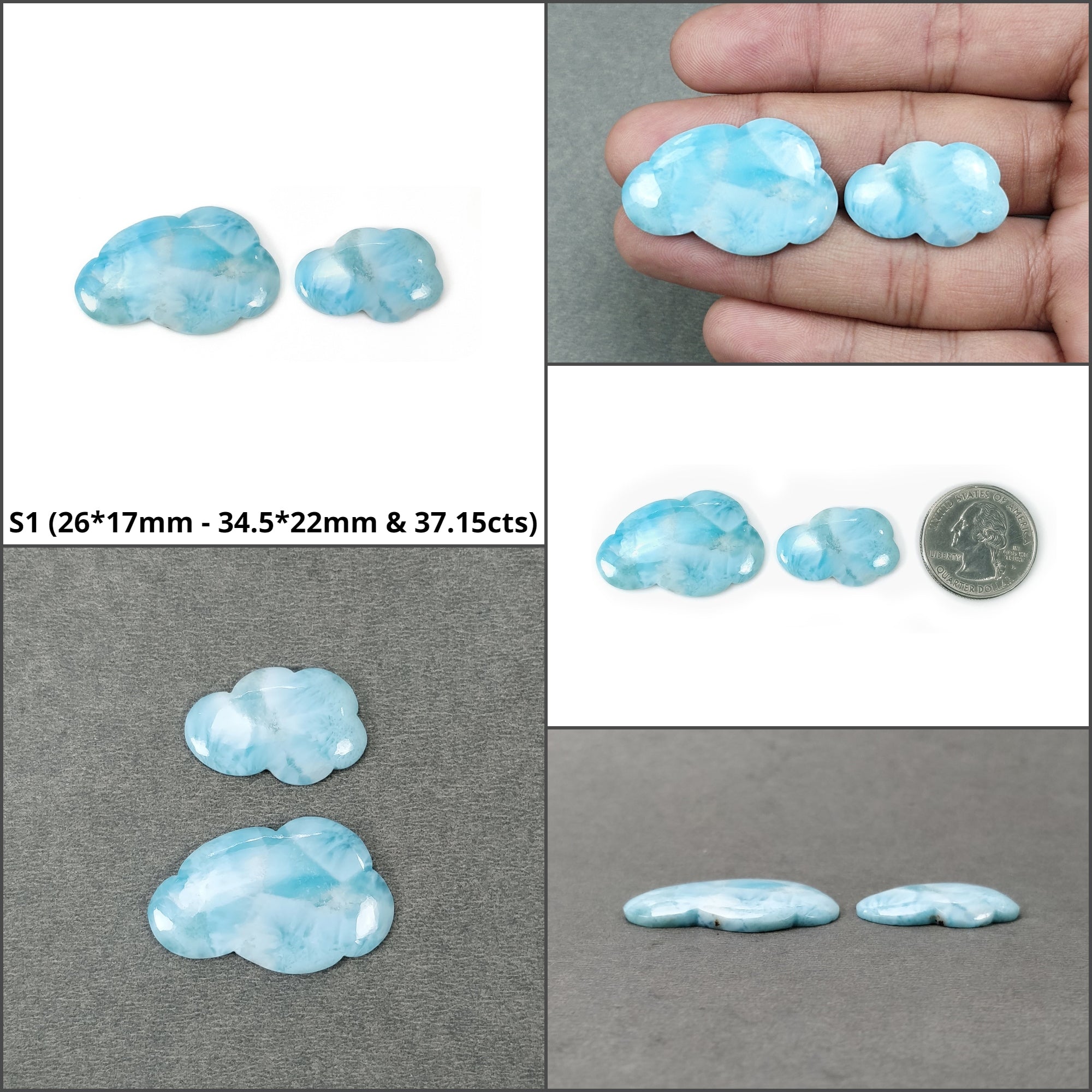 Natural Blue Larimar Gemstone Carving - Untreated Unheated Bi-Color Hand Carved Cloud Set | Healing Crystal Jewelry Making, Meditation & Spiritual Decor