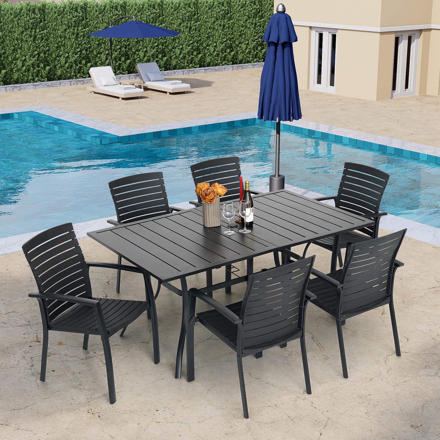 63x38 Inch Black Outdoor Metal Frame Rectangle Patio Dining Table with Slat Top & Umbrella Hole - Seats 6 - Perfect for Backyard BBQs, Garden Parties & Poolside Dining