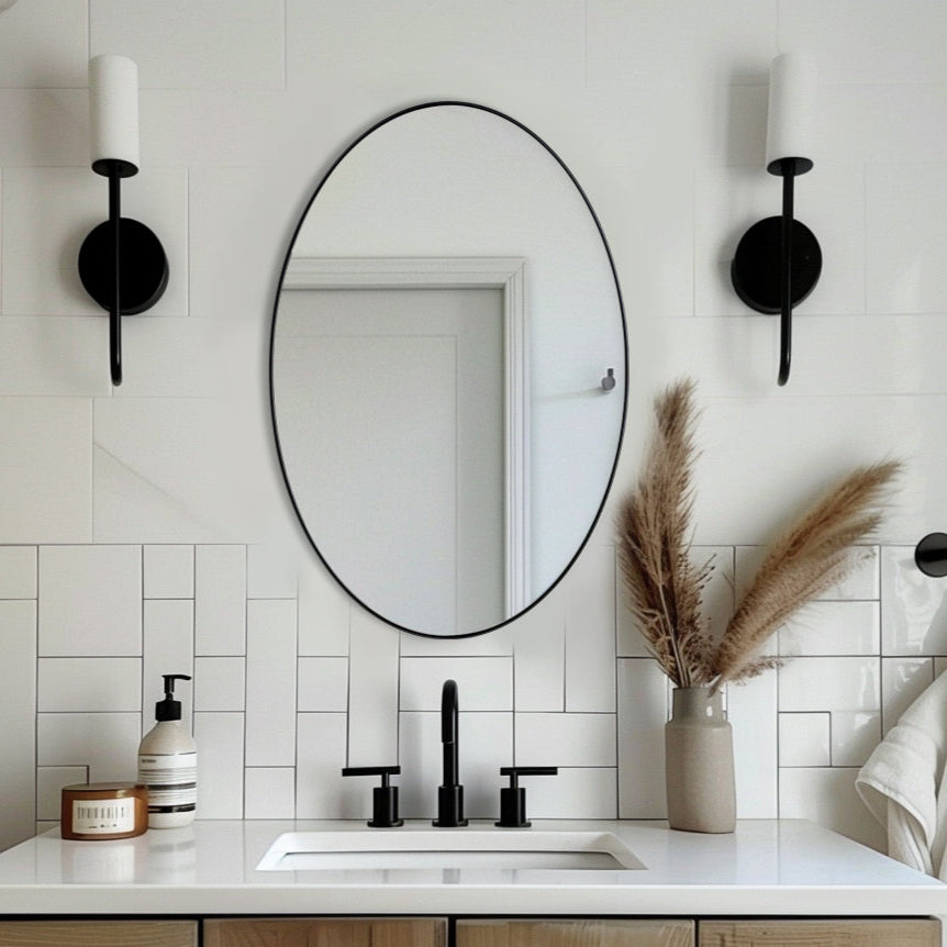 Modern Oval Bathroom Wall Mirrors - Stainless Steel Framed Vanity Mirror for Powder Room, Makeup & Shaving | Rust-Resistant, Shatterproof & Space-Saving Design