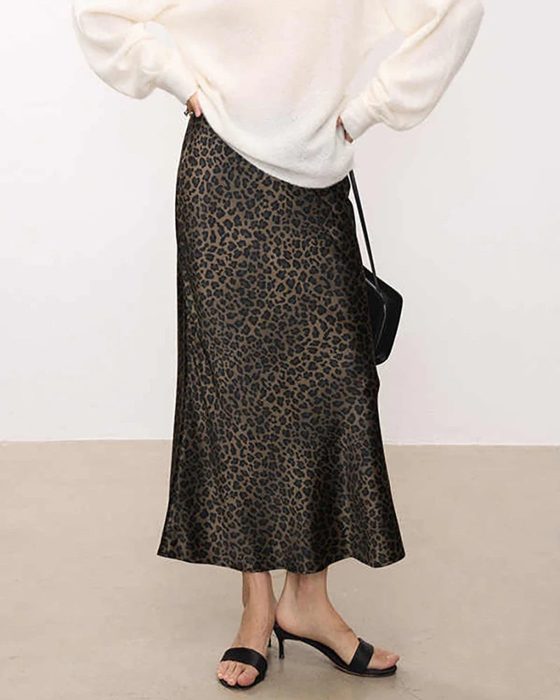 Leopard Print Silk Midi Skirt for Women - Elegant A-Line Wrap Skirt with Slit | Perfect for Office, Date Night & Special Occasions