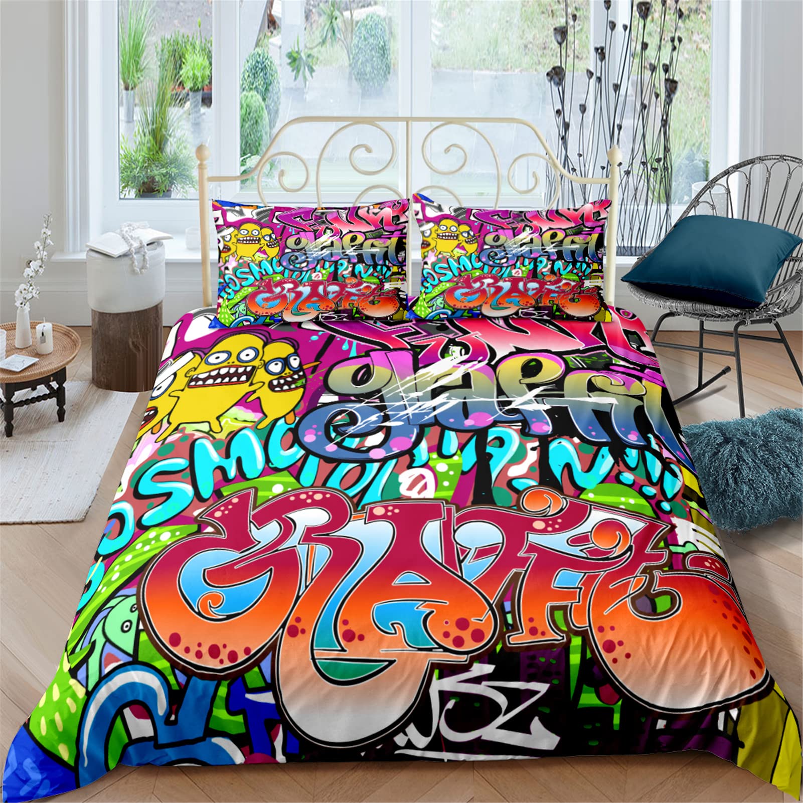 Balen Bear Hip Hop Graffiti Bedding Set for Teens - Colorful Street Art Duvet Cover with Pillowcase - Twin Size Comforter Set for Boys & Kids - Perfect for Urban Teen Bedrooms, Hip Hop Themed Decor, and Youth Street Culture Enthusiasts