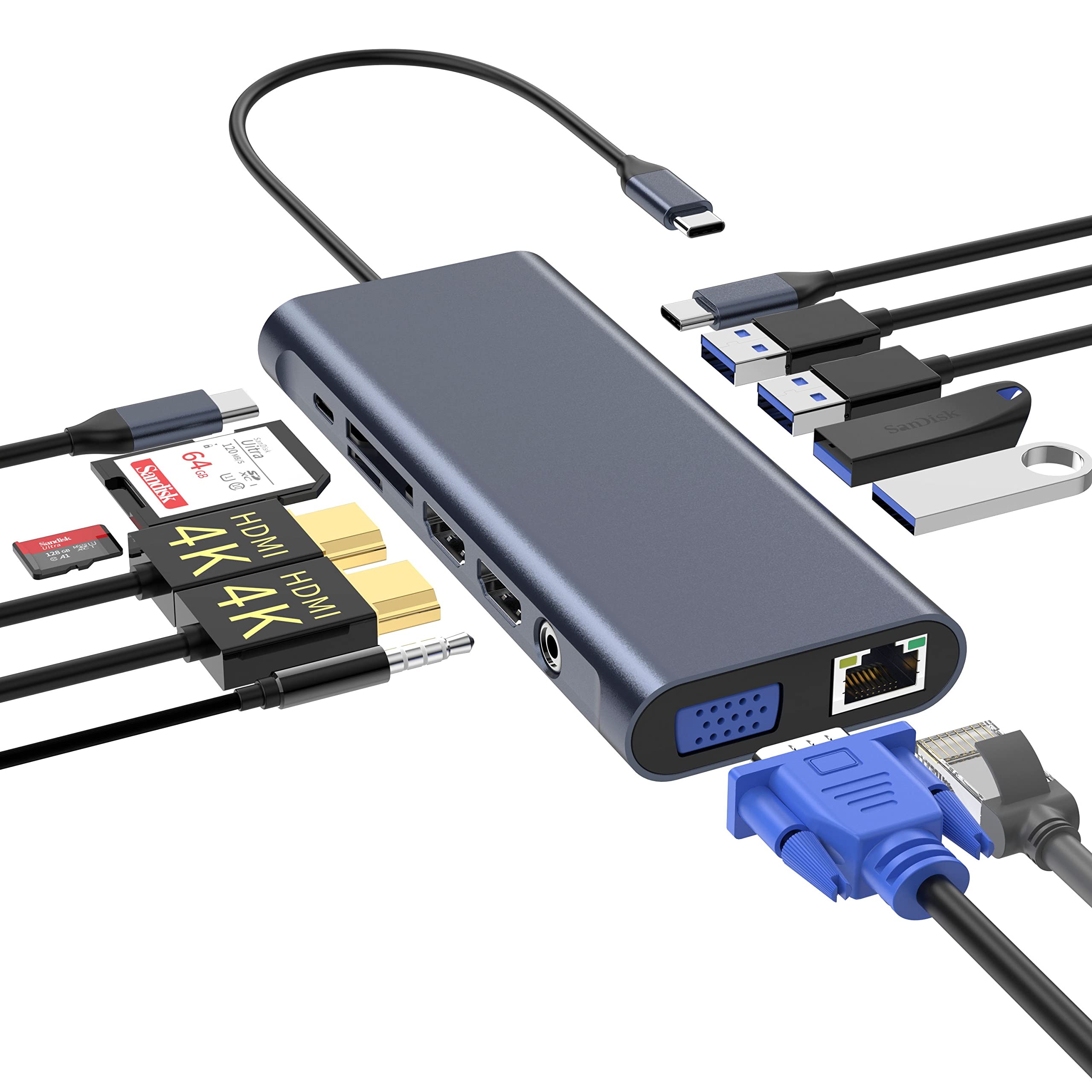 13-in-1 USB C Docking Station with Dual 4K HDMI, Ethernet, VGA, Audio, USB 3.0, TF/SD Card Reader - Compatible with MacBook, iPad Pro, Dell, HP, Lenovo - Perfect for Home Office, Gaming & Multi-Monitor Setup