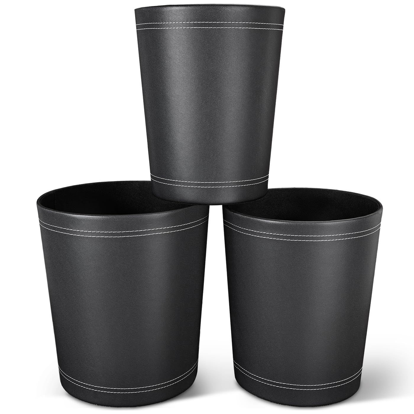 3 Pack Black Round PU Leather Wastebasket - Small Trash Can for Bathroom, Office, Bedroom & Kids Room | Home Decor Garbage Bin with Lid | Space-Saving Waste Paper Basket for Dorm, Kitchen & Living Room