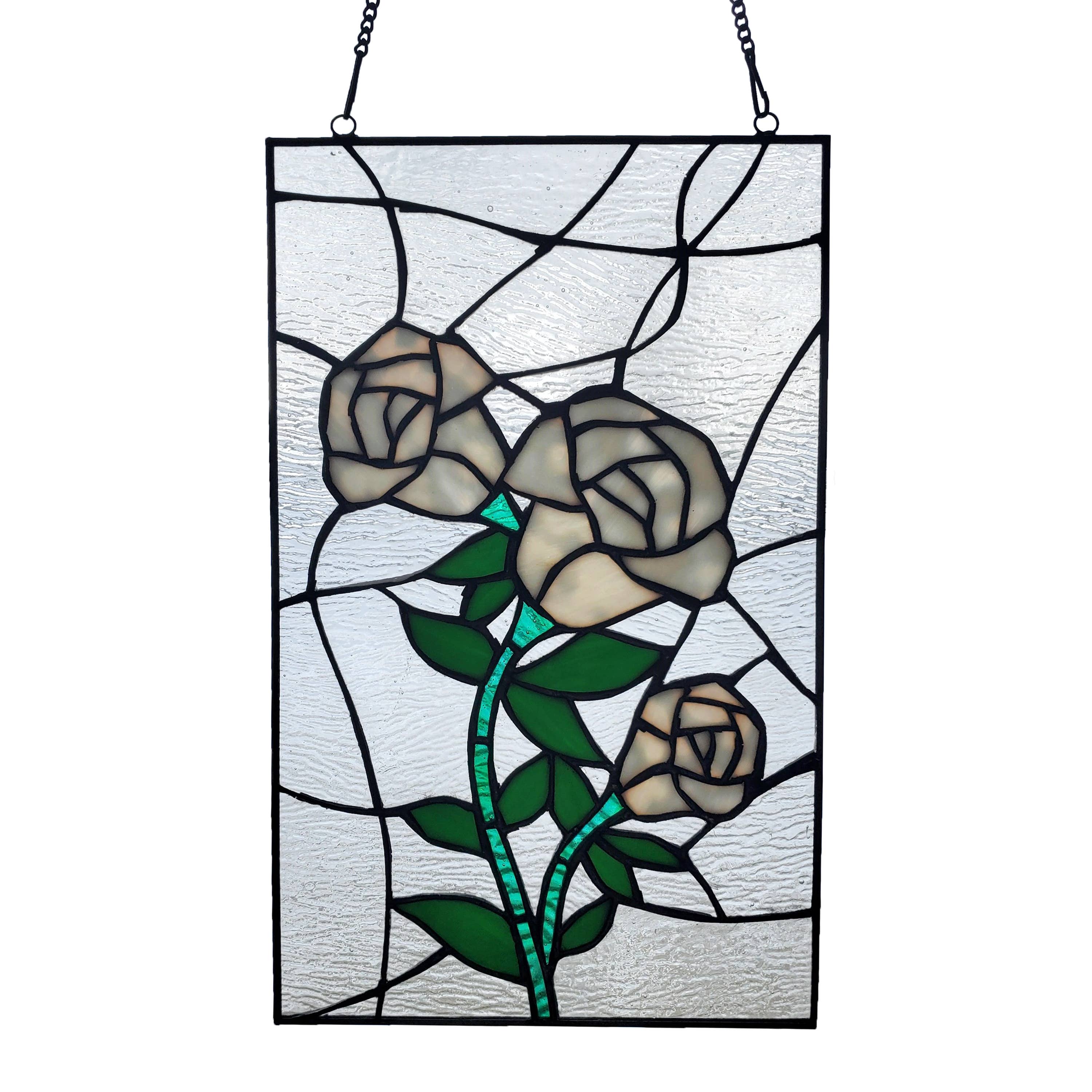 Stained Glass White Rose Panel - Handcrafted Decorative Window Art for Home, Church & Wedding Decor