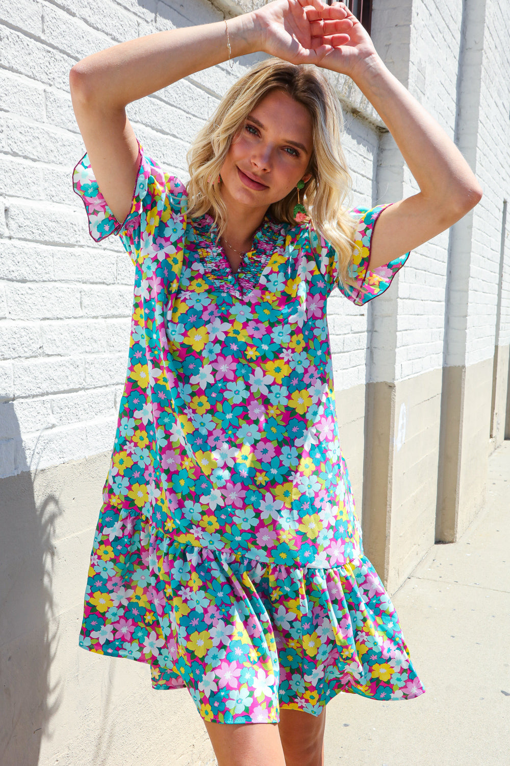 Elegant Blue Smocked Notch Neck Babydoll Floral Print Dress - Perfect for Summer Parties, Weddings & Date Nights
