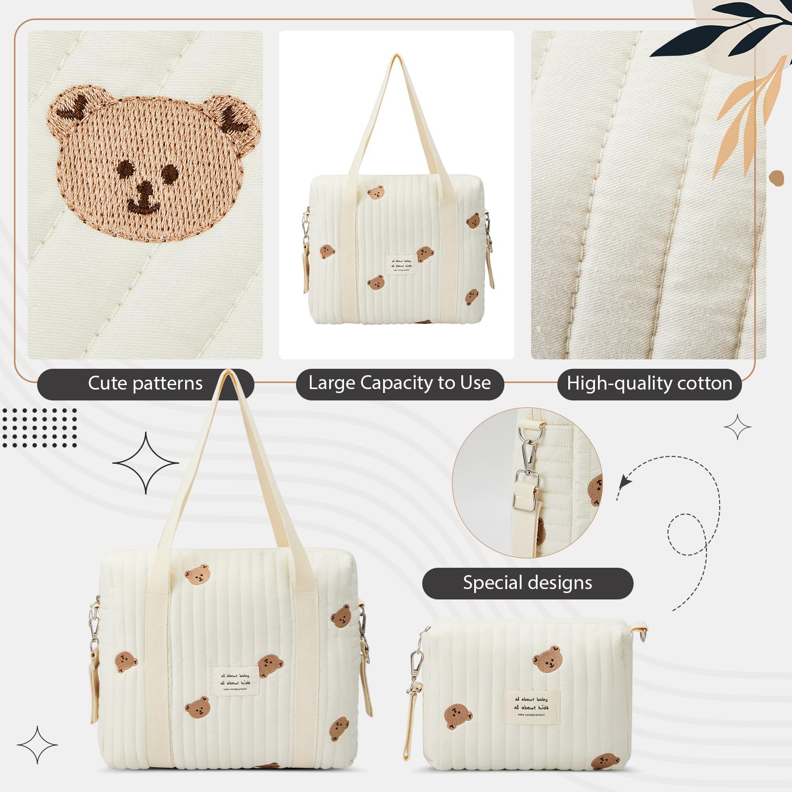 Paterr 2-Pack Quilted Cotton Diaper Bags for Women - Multifunctional Maternity Tote with Multiple Sizes - Stylish Baby Essentials Organizer for Travel, Shopping & Daily Use