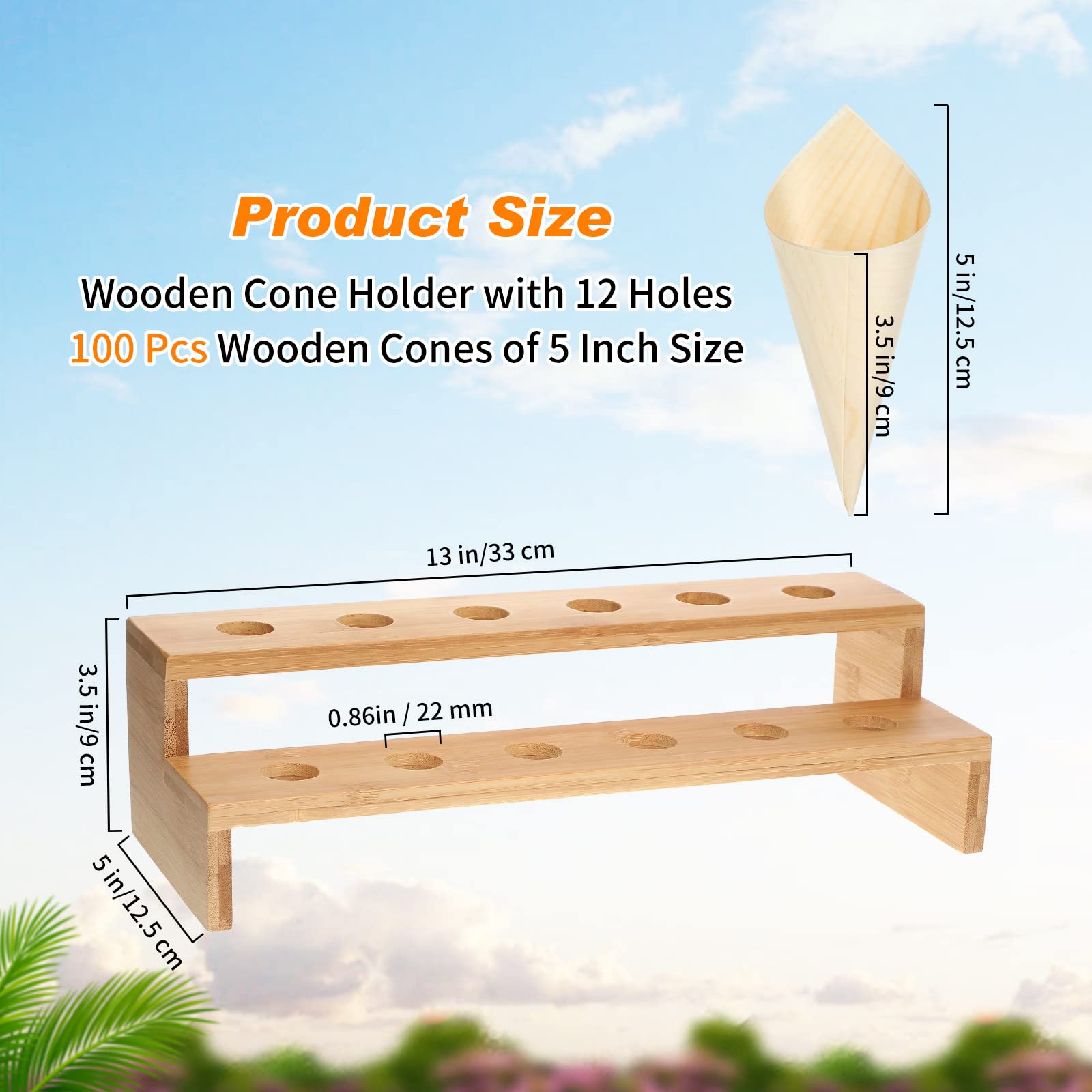 Queekay 100 Pcs Disposable Wooden Food Cones with 12 Holes - Food Cone Display Stand Holder for Charcuterie, Ice Cream, Catering, Parties & Buffets | Perfect for Weddings, Dessert Tables, and Gourmet Food Presentation