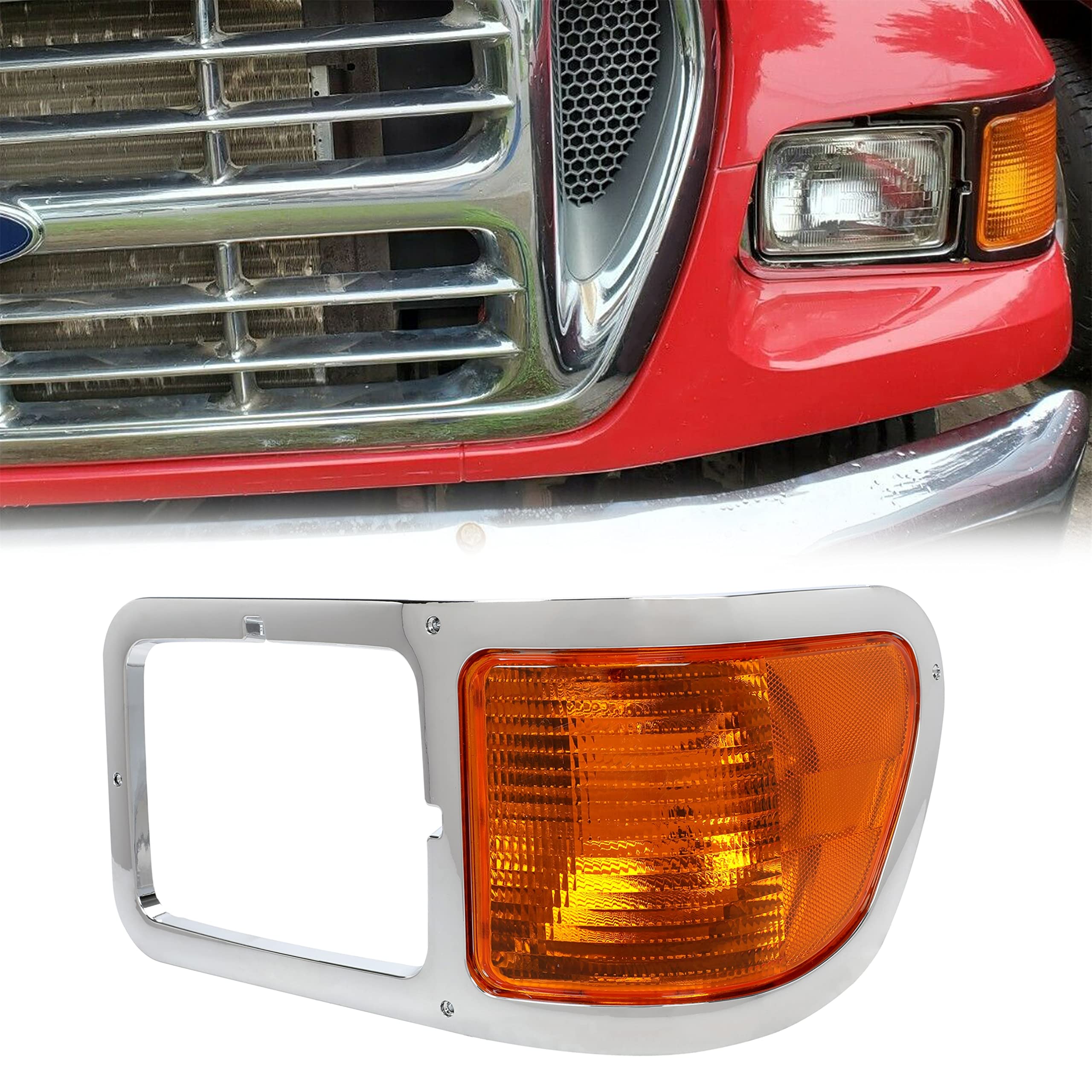 ECOTRIC Left Corner Signal Light Compatible with 2000-2015 Ford F650 F750 - Chrome Casing Headlight Bezel Trim - Driver Side Replacement for FO2520196 - Perfect for Truck Lighting Upgrades & Safety Enhancement